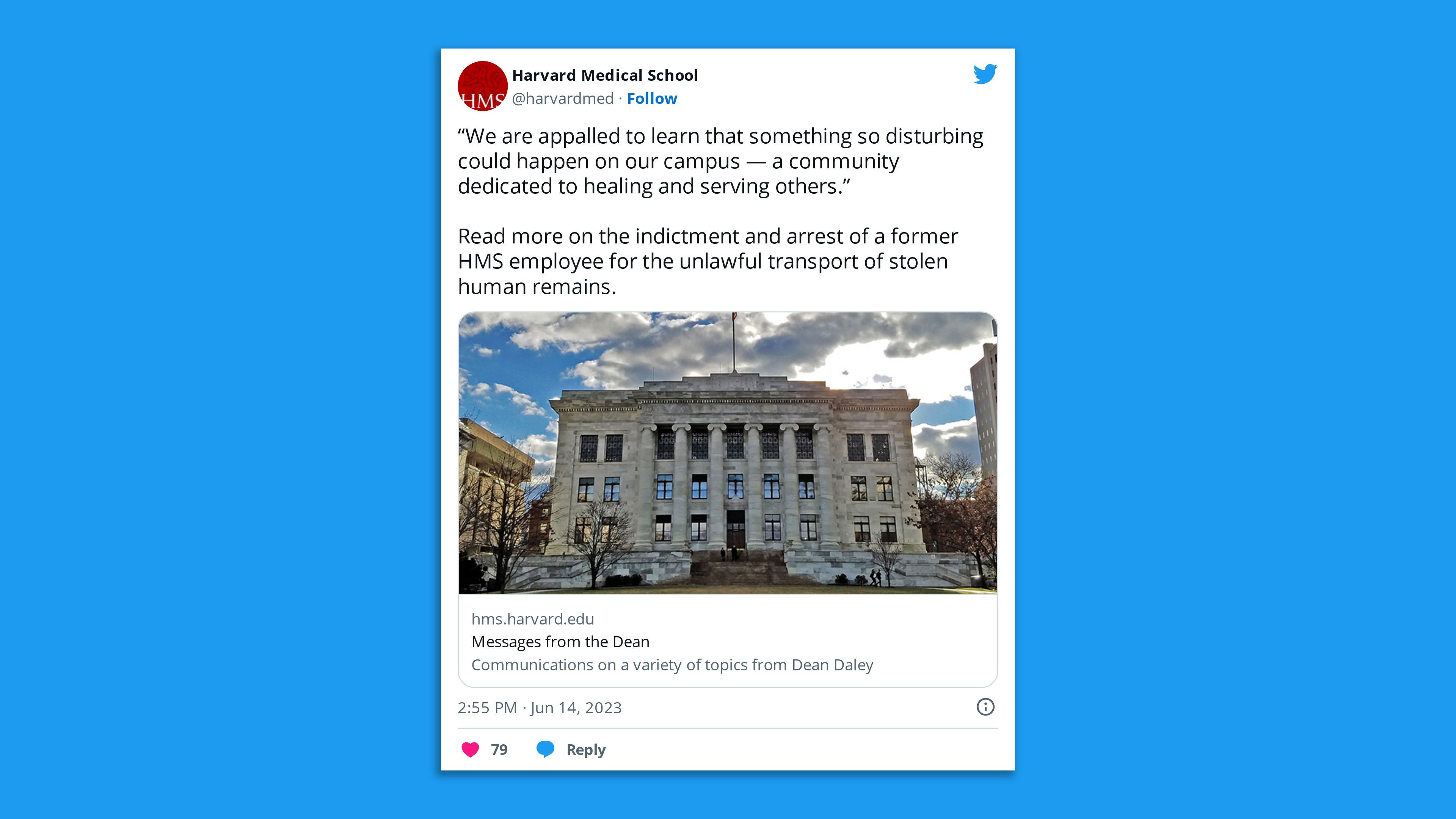 A screenshot of a Harvard Medical School tweet saying: "“We are appalled to learn that something so disturbing could happen on our campus — a community dedicated to healing and serving others."