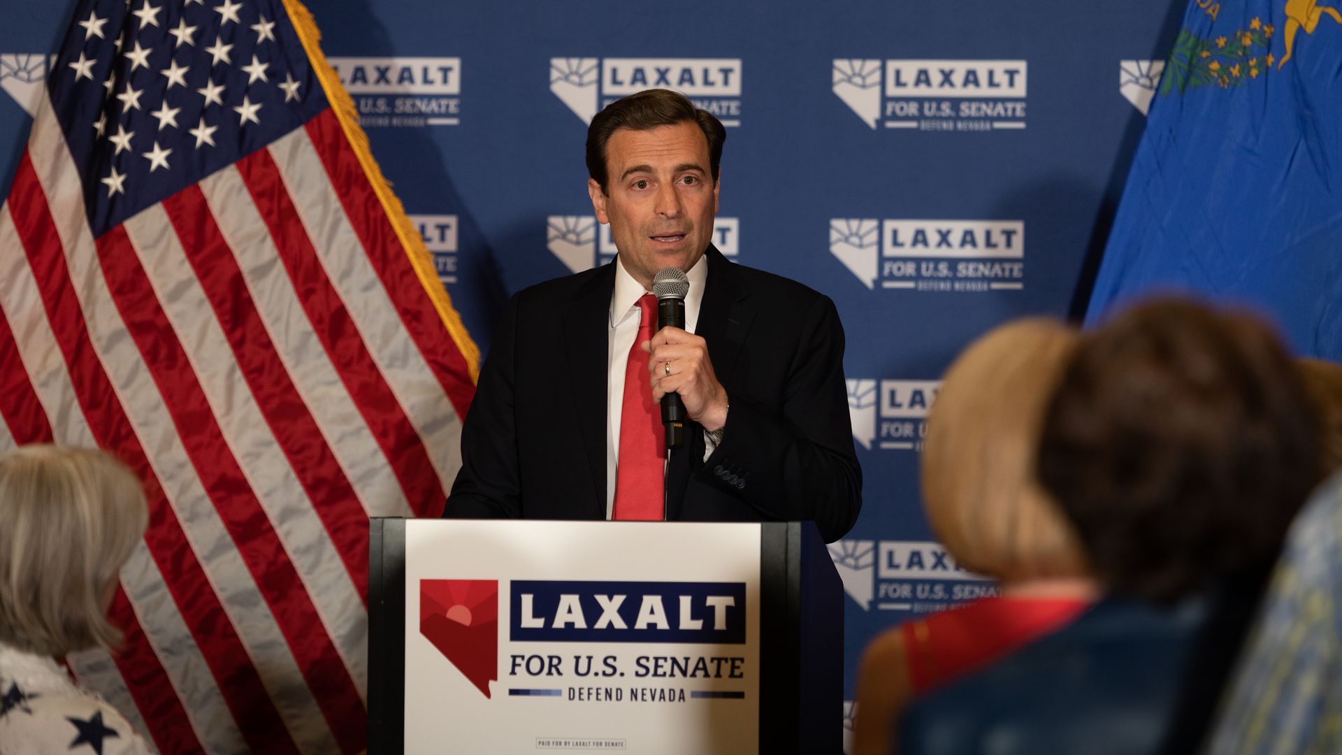 Republican candidate for U.S. Senate Adam Laxalt speaks to a crowd at an election night event on June 14, 2022 in Reno, Nevada.