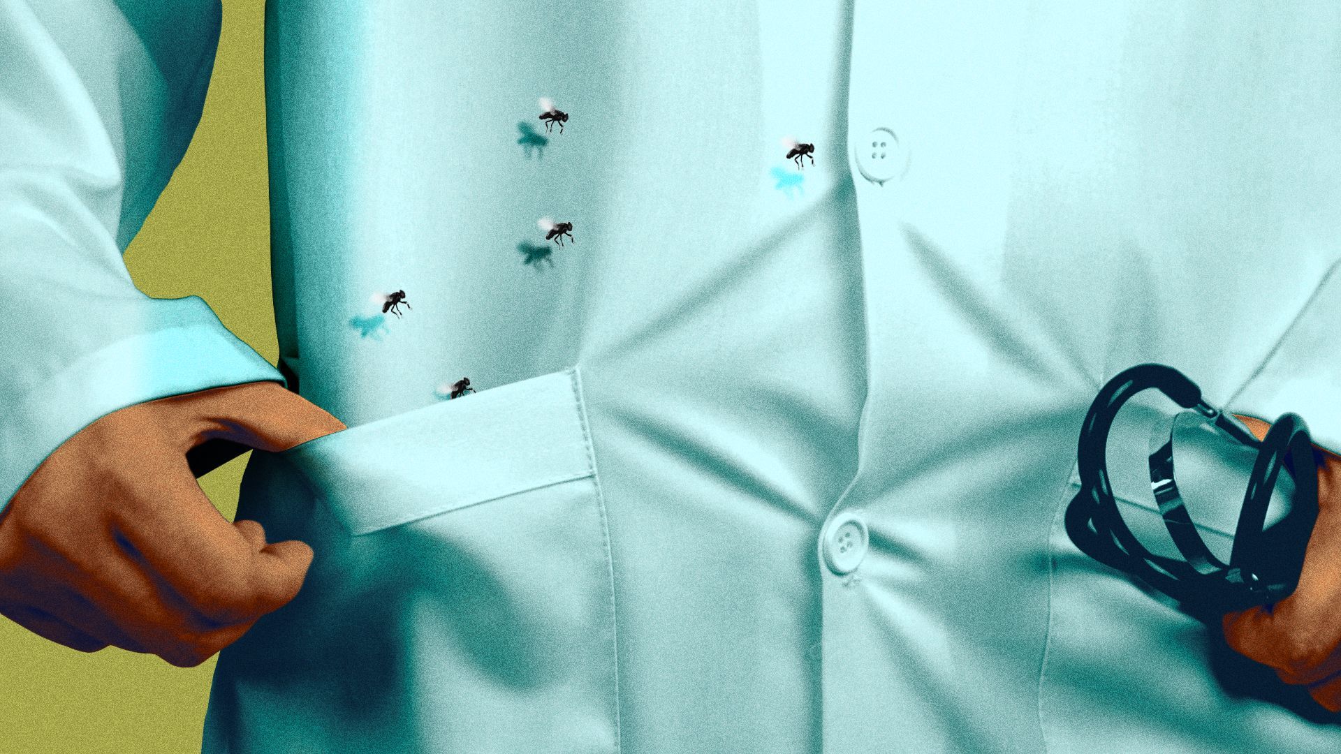 Illustration of flies flying out of a doctor's pocket. 