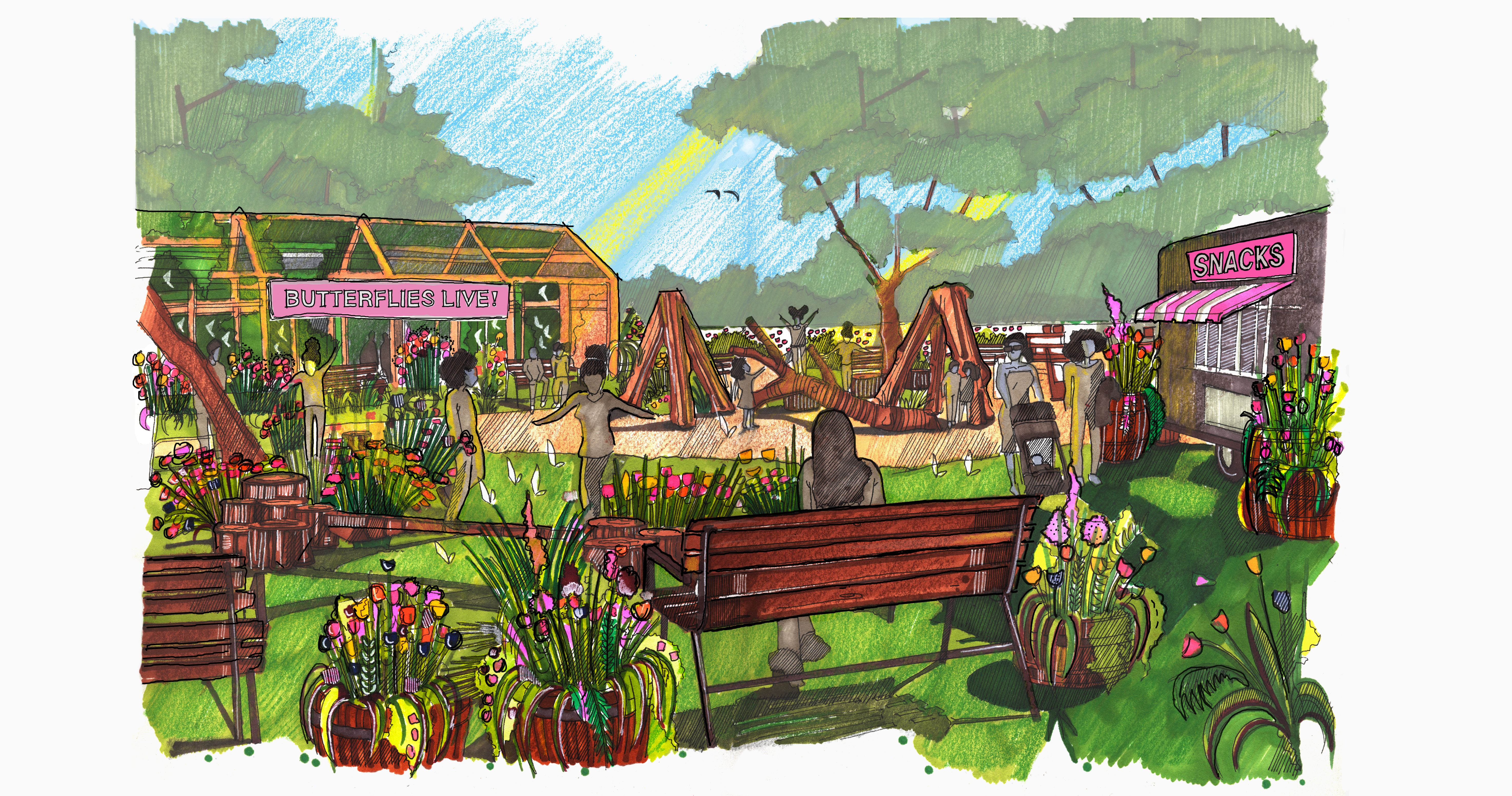 A rendering of the 2022 Flower Show’s  “Kids’ Cocoon & Play Space,” which will be located next to concession stands.  