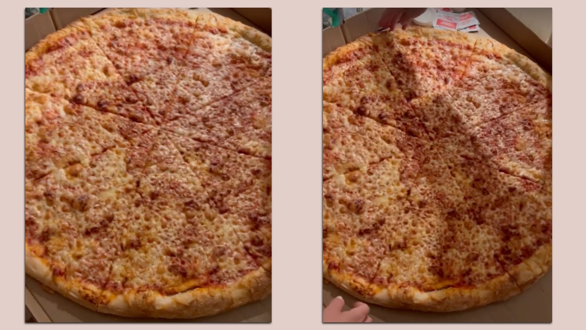 Two large cheese pizzas in open cardboard boxes with golden crusts and melted mozzarella; tomato sauce visible beneath. A hand on the right is reaching for a slice.