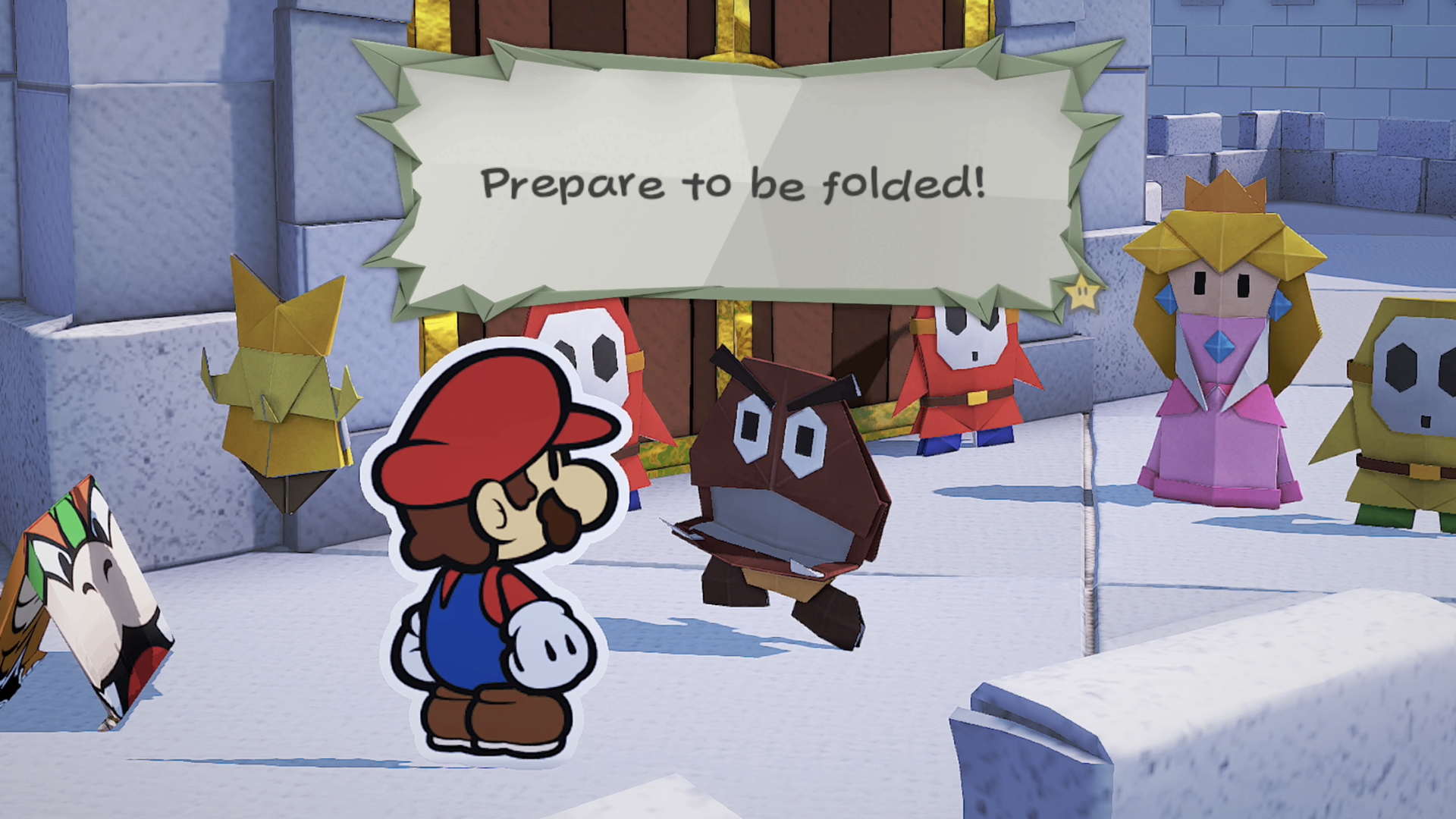 Video game screenshot of a paper version of Super Mario facing off with an origami enemy