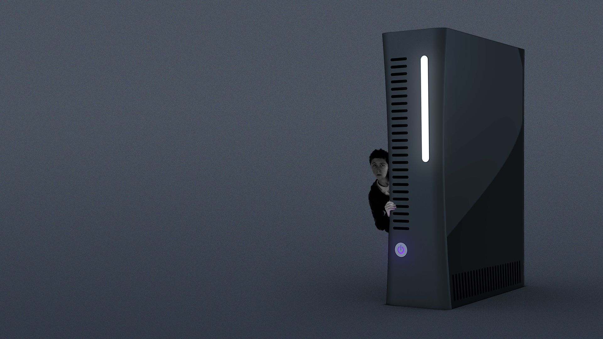 Illustration of a boy peeking out from behind a large video game console.