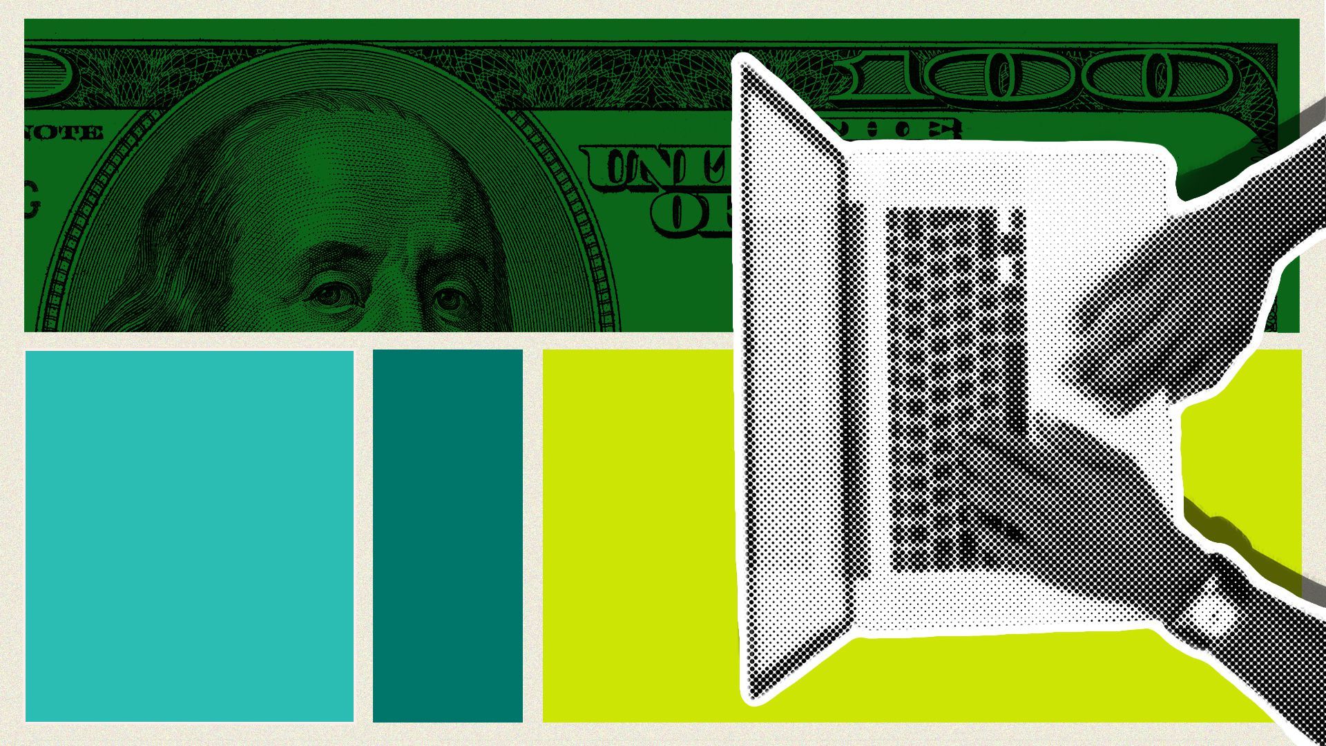 Illustration of Black hands at a computer against a collaged background.