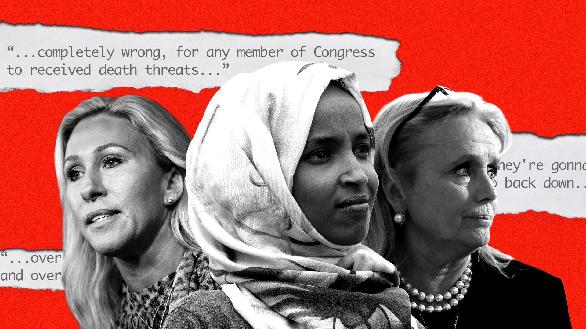 Photo illustration of Rep. Marjorie Taylor Greene, Rep. Ilhan Omar, and Rep. Debbie Dingell with quotes behind them
