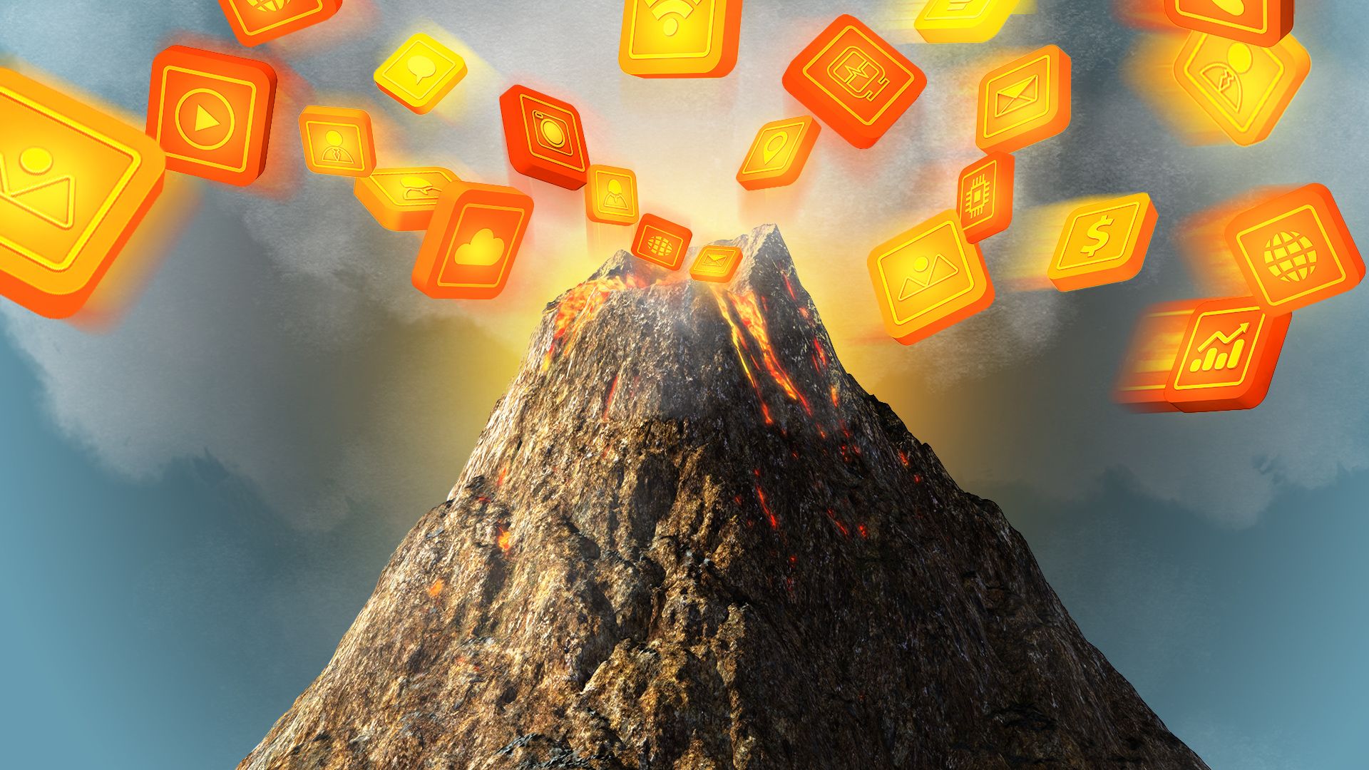Illustration of a volcano erupting and different app icons bursting out. 