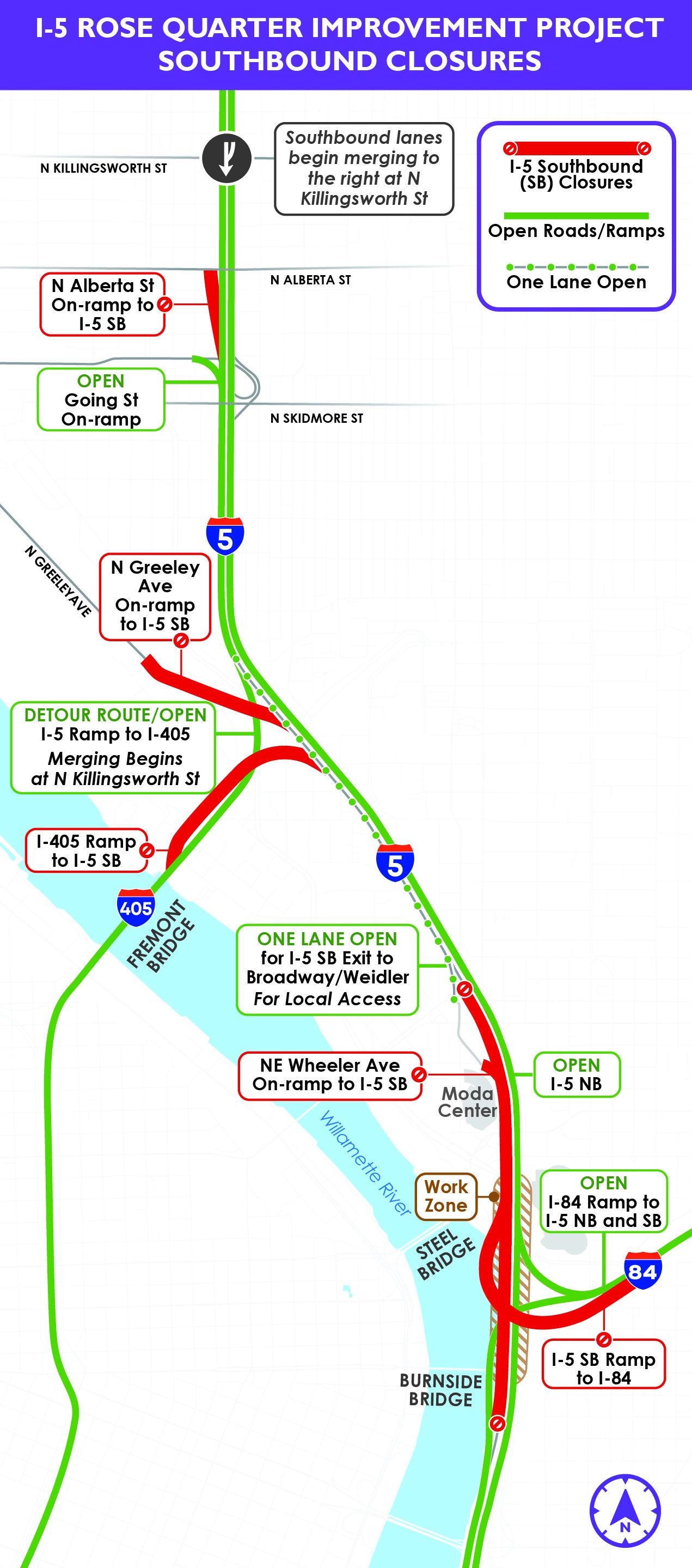 A map illustration showing I-5 through Portland's Rose Quarter and the various closures and detours that will be in place on Friday