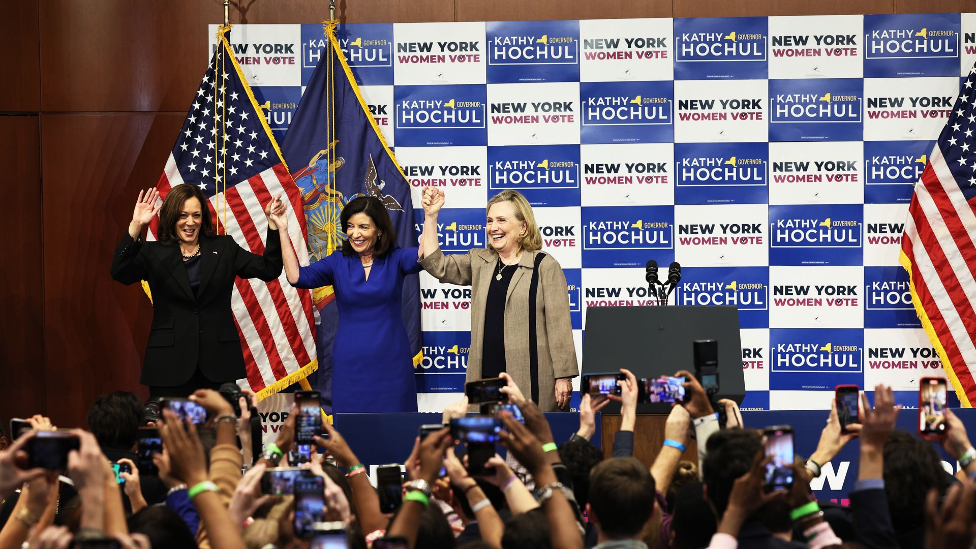 ice President Kamala Harris, New York Gov. Kathy Hochul and Secretary Hillary Rodham Clinton at a rally at Barnard College on November 03, 2022 in New York City. 