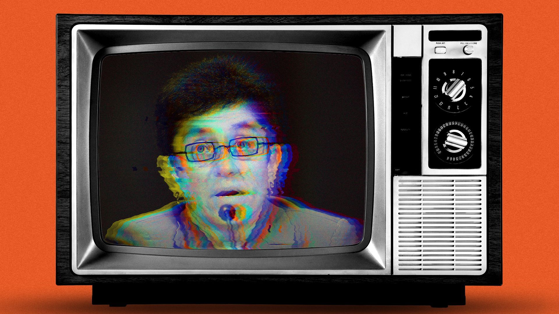 Photo illustration of a retro television set showing Gigi Sohn's image in distortion and static