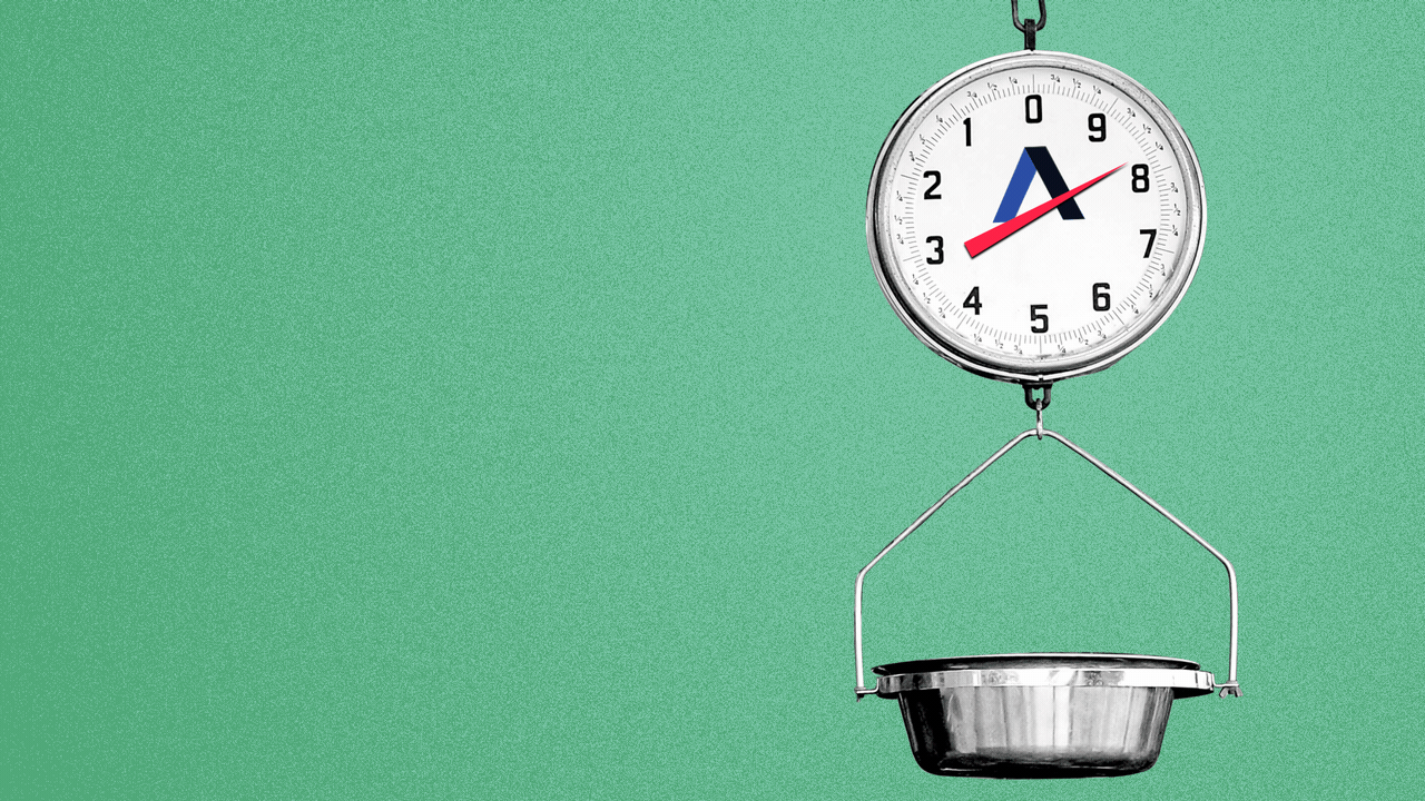 Illustration of a hanging scale with an Axios logo on it with an arrow rotating between 8 and 9. 