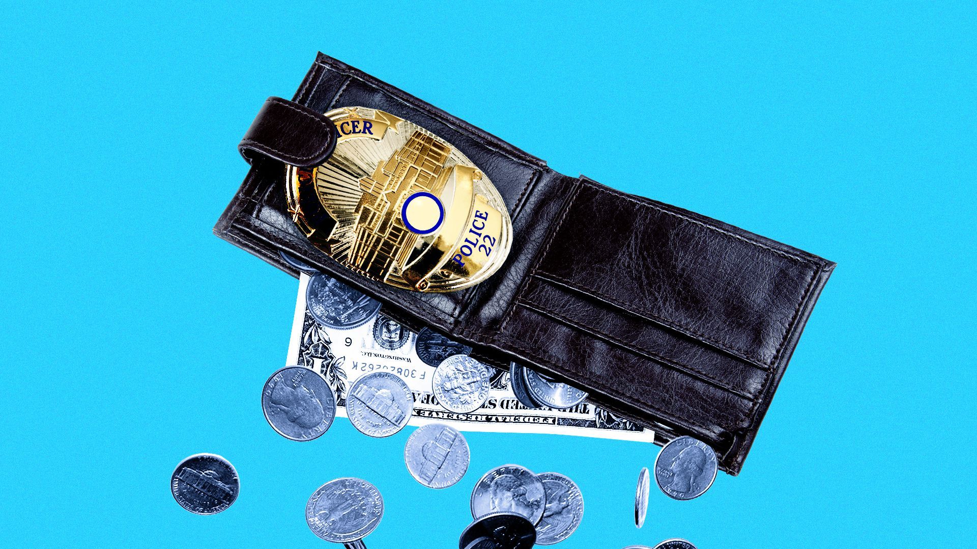 Illustration of money falling out of a wallet with a police badge
