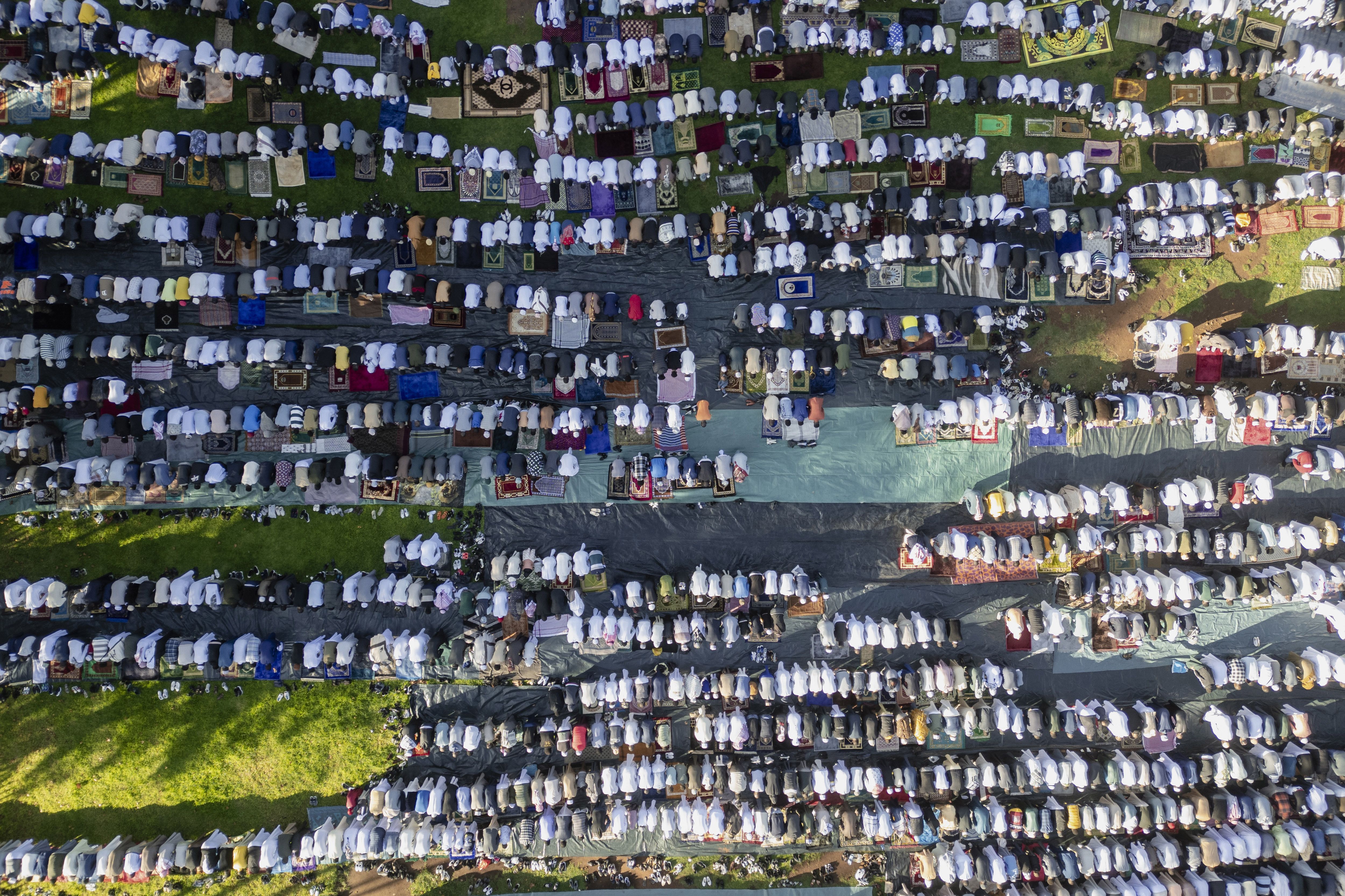 People bowing in prayer from a bird's eye view