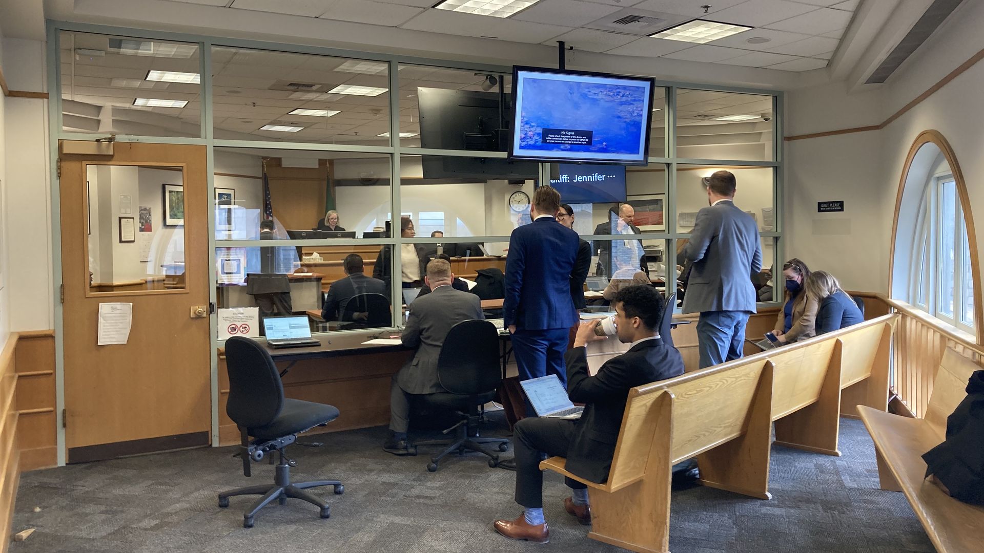 An image from inside a courtroom in Superior Court in Seattle. 