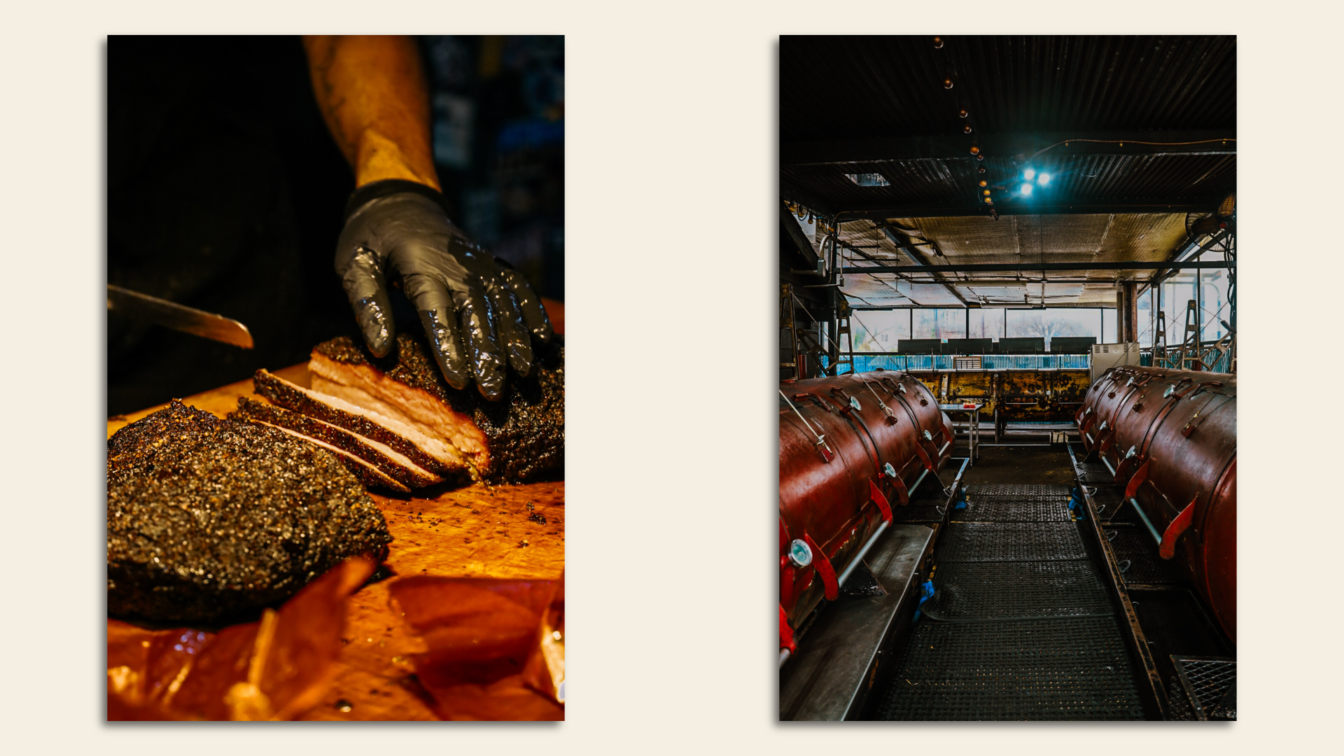A man cuts brisket (left) and a room of wood-fired smokers