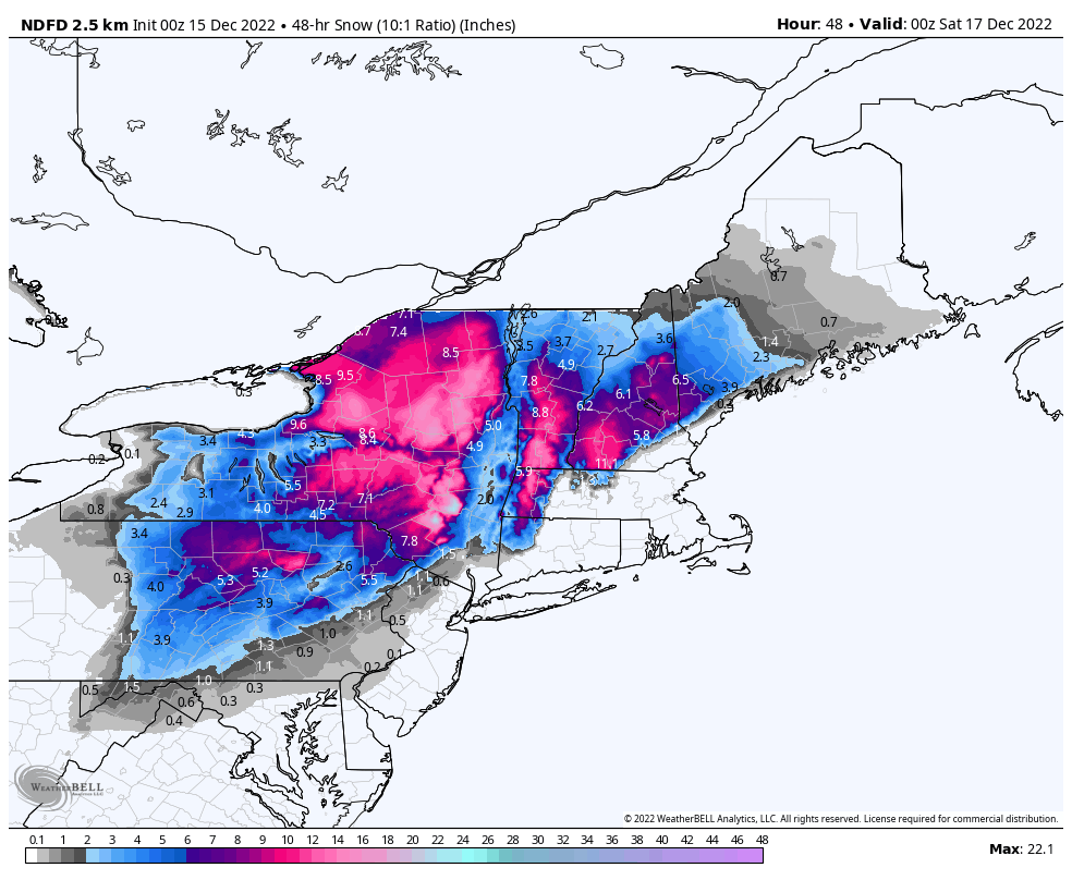 A map showing heavy snow forecast for New England this week.