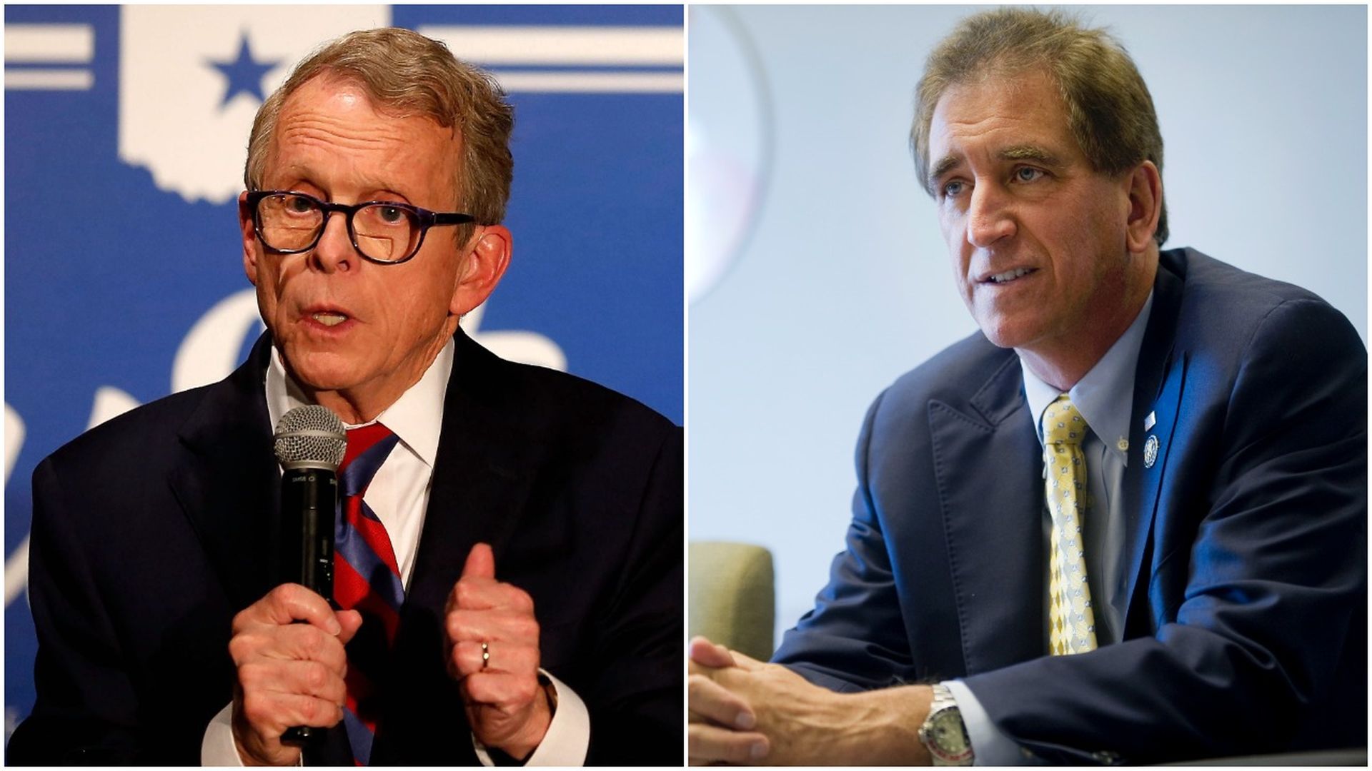Combination images of Ohio Gov. Mike Dewine and former Rep. Jim Renacci.