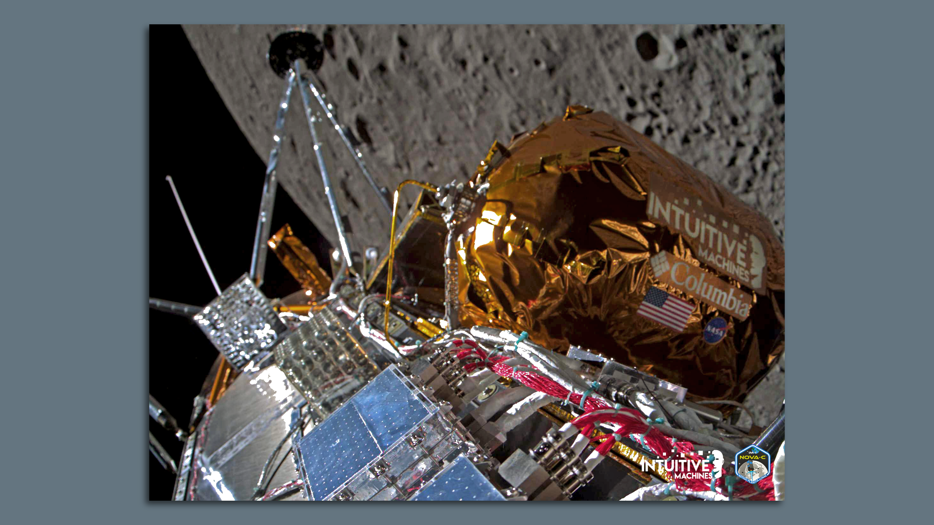 A silver and gold space ship on the moon