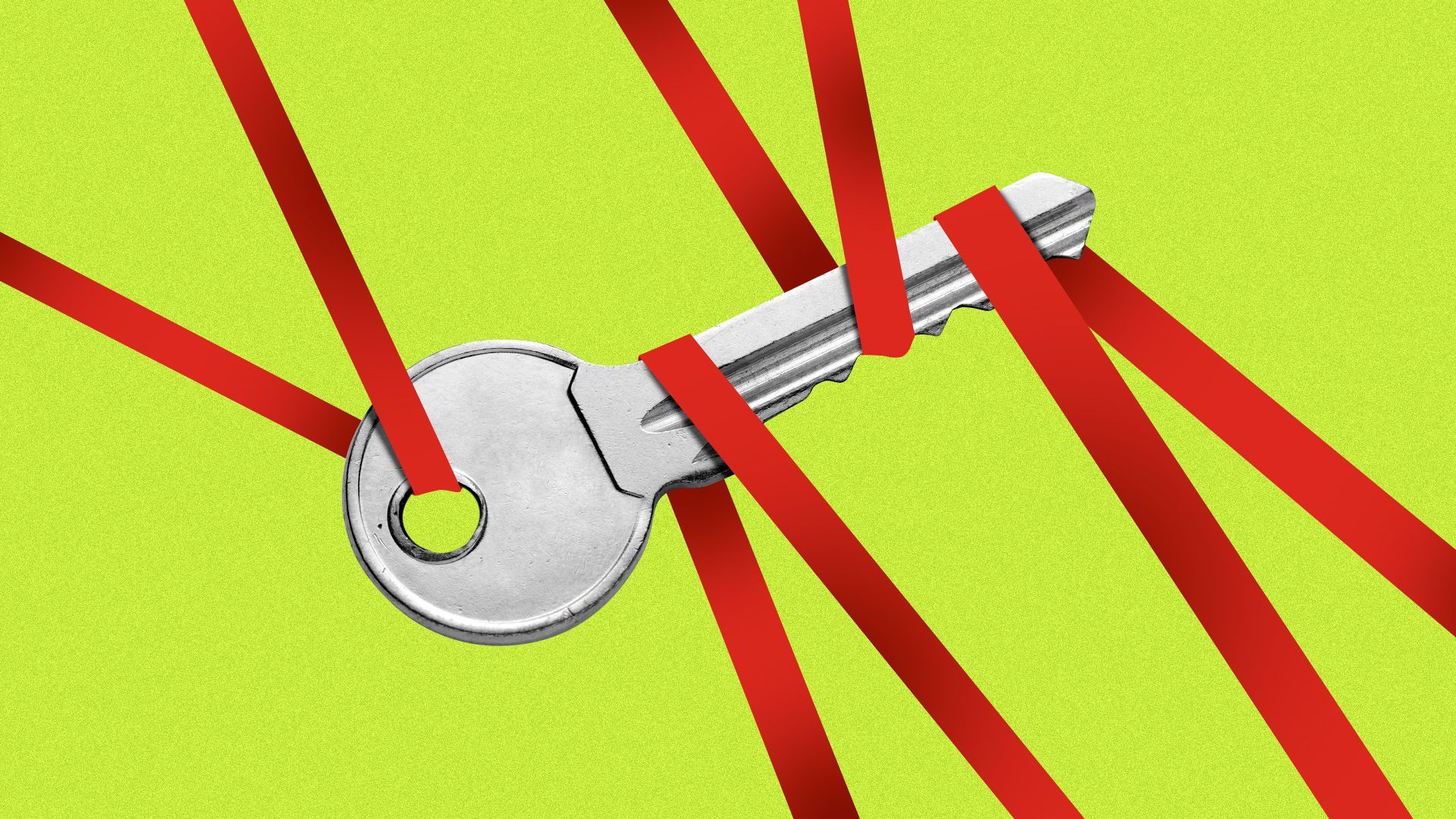 Illustration of a key suspended in mid-air by pieces of taught red tape. 