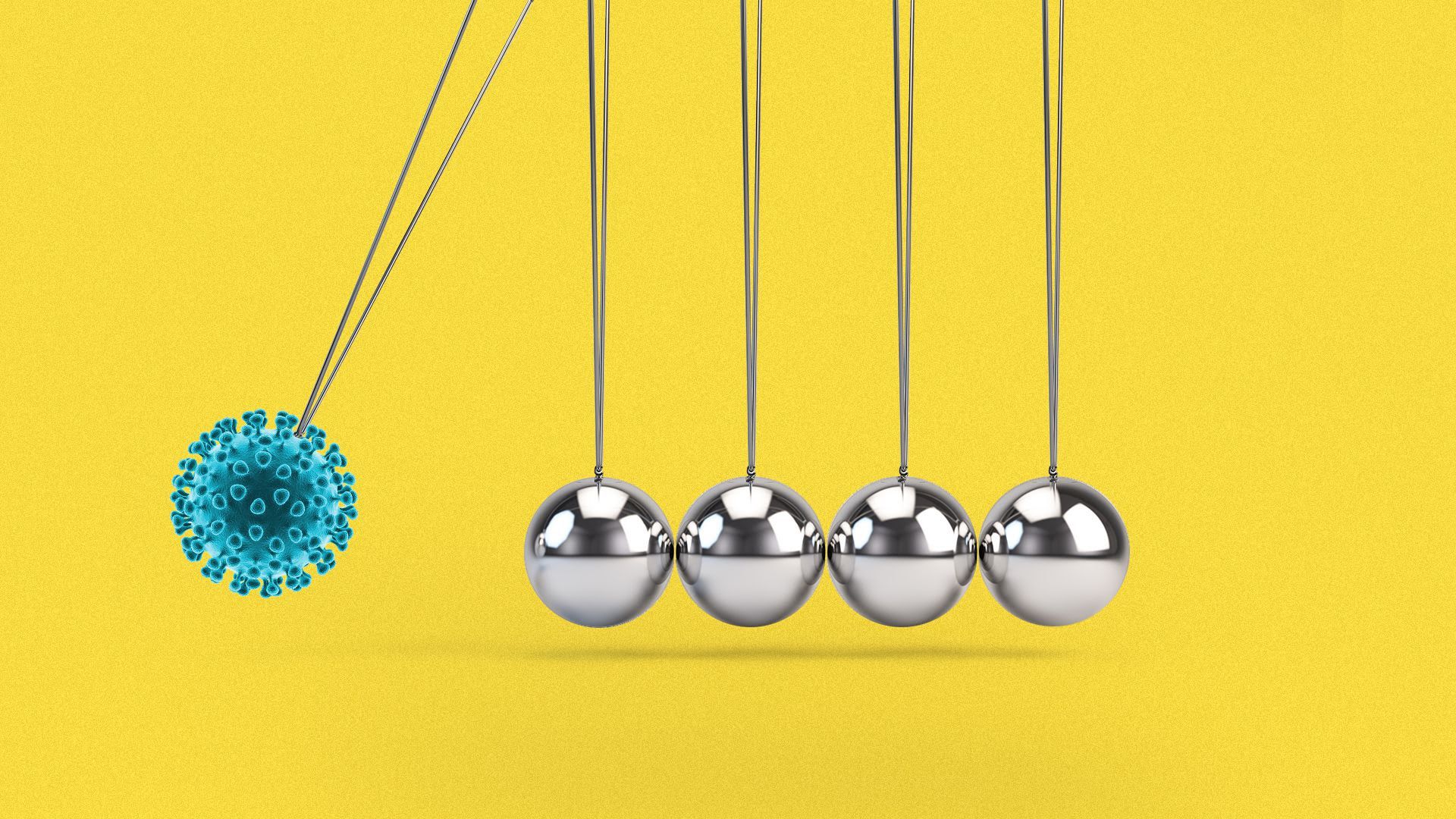 Illustration of a Newton's Cradle, with a virus cell about to hit the balls.