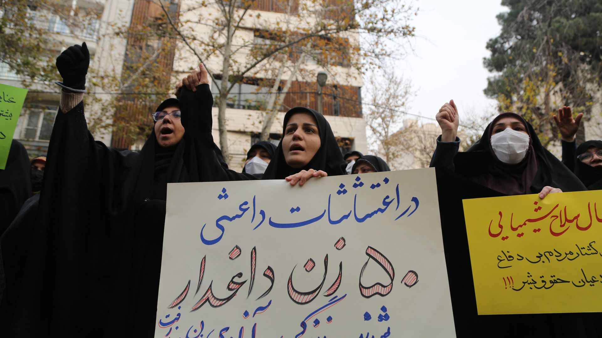 Photo of Iranian women raising their fists and holding signs at a protest