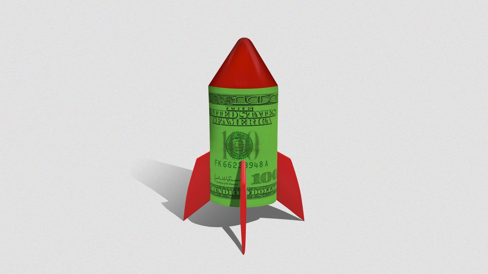 Illustration of a roll of money with a rocket top and fins.