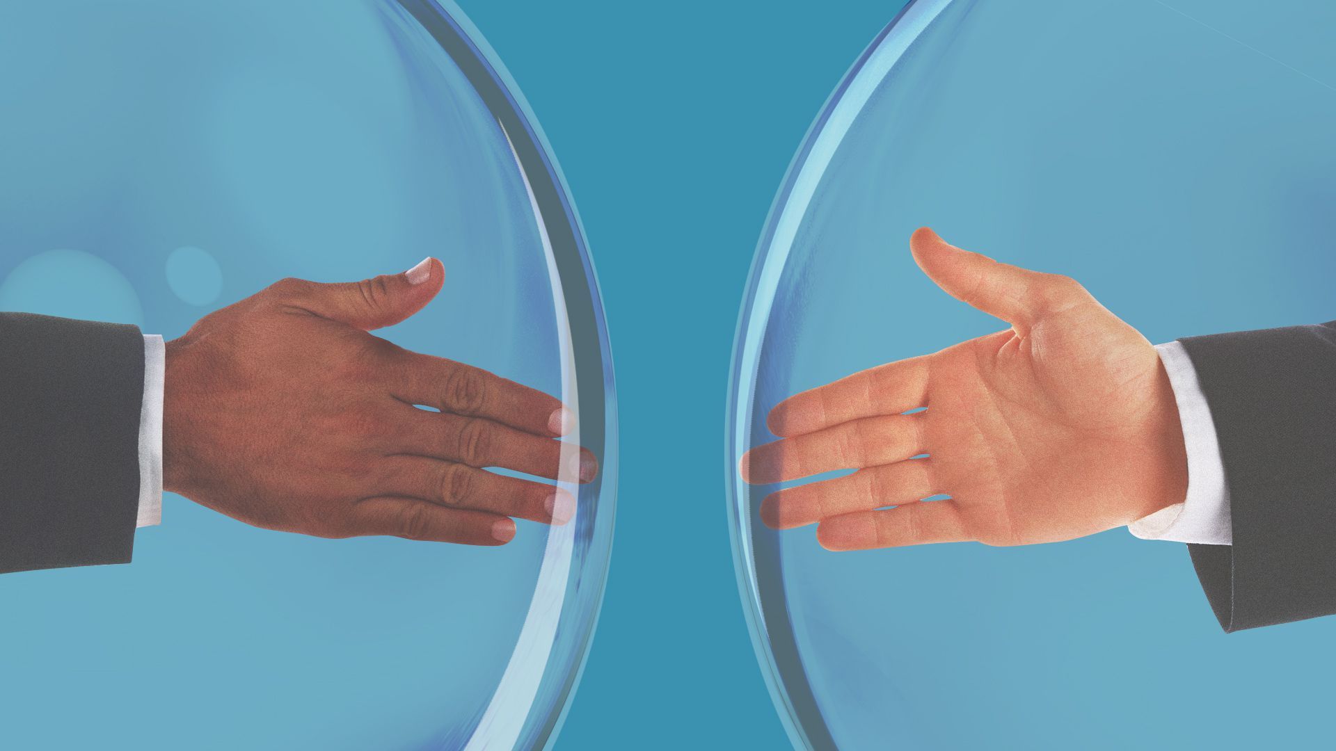 Illustration of two hands about to shake, each in a bubble.