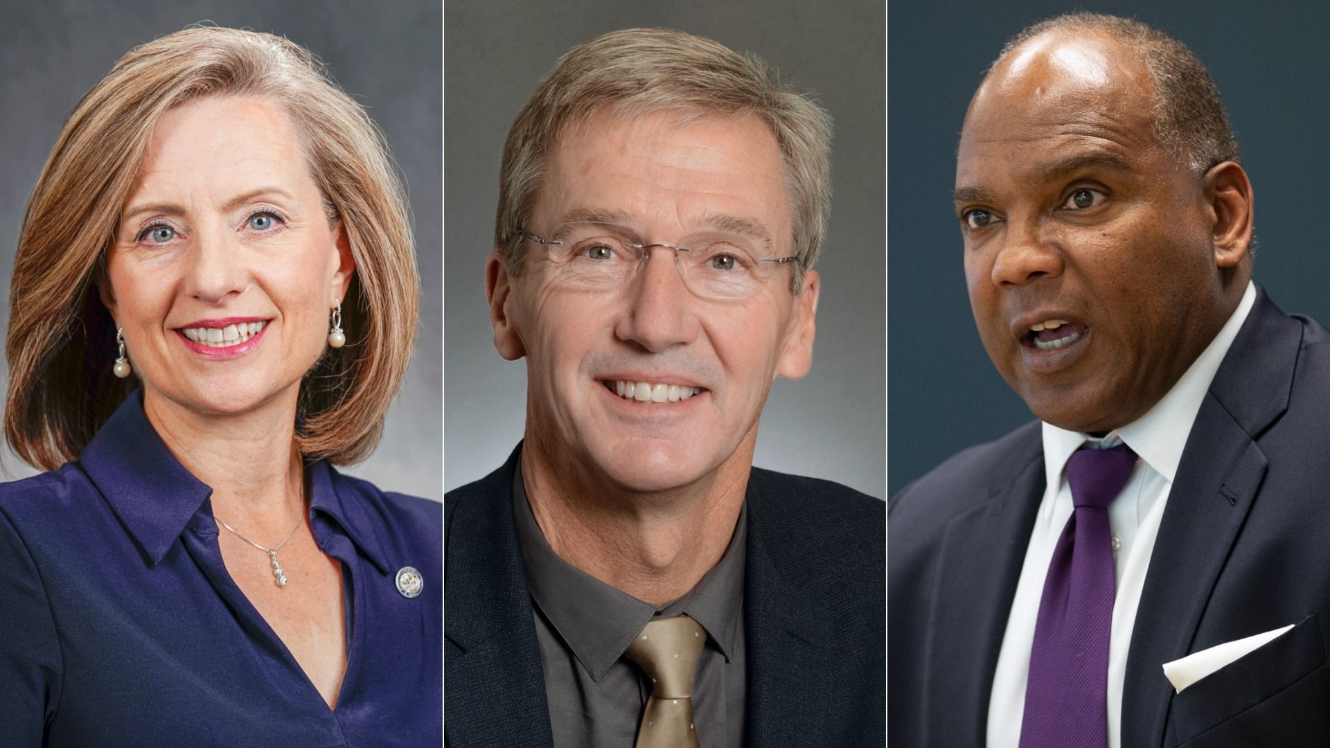 Three professional individuals in portrait photos: a smiling woman with shoulder-length blonde hair in a navy top, a smiling man with glasses in a suit and tie, and a serious man in a dark suit with purple tie.