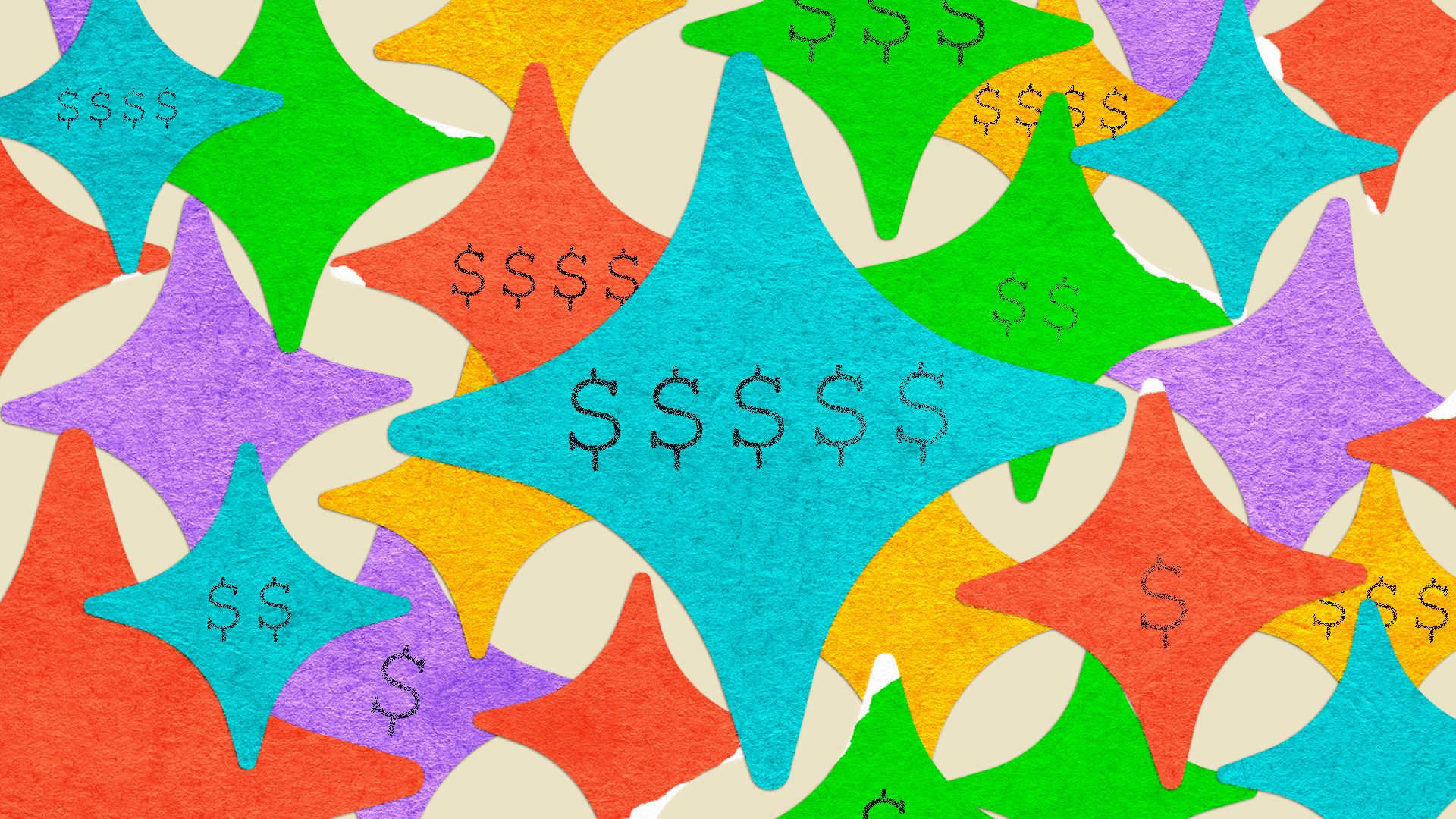Illustration of price stickers shaped like AI sparkle icons.