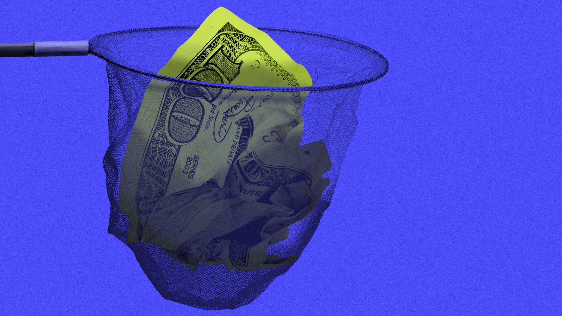 Illustration of a crumpled hundred dollar bill in a safety net