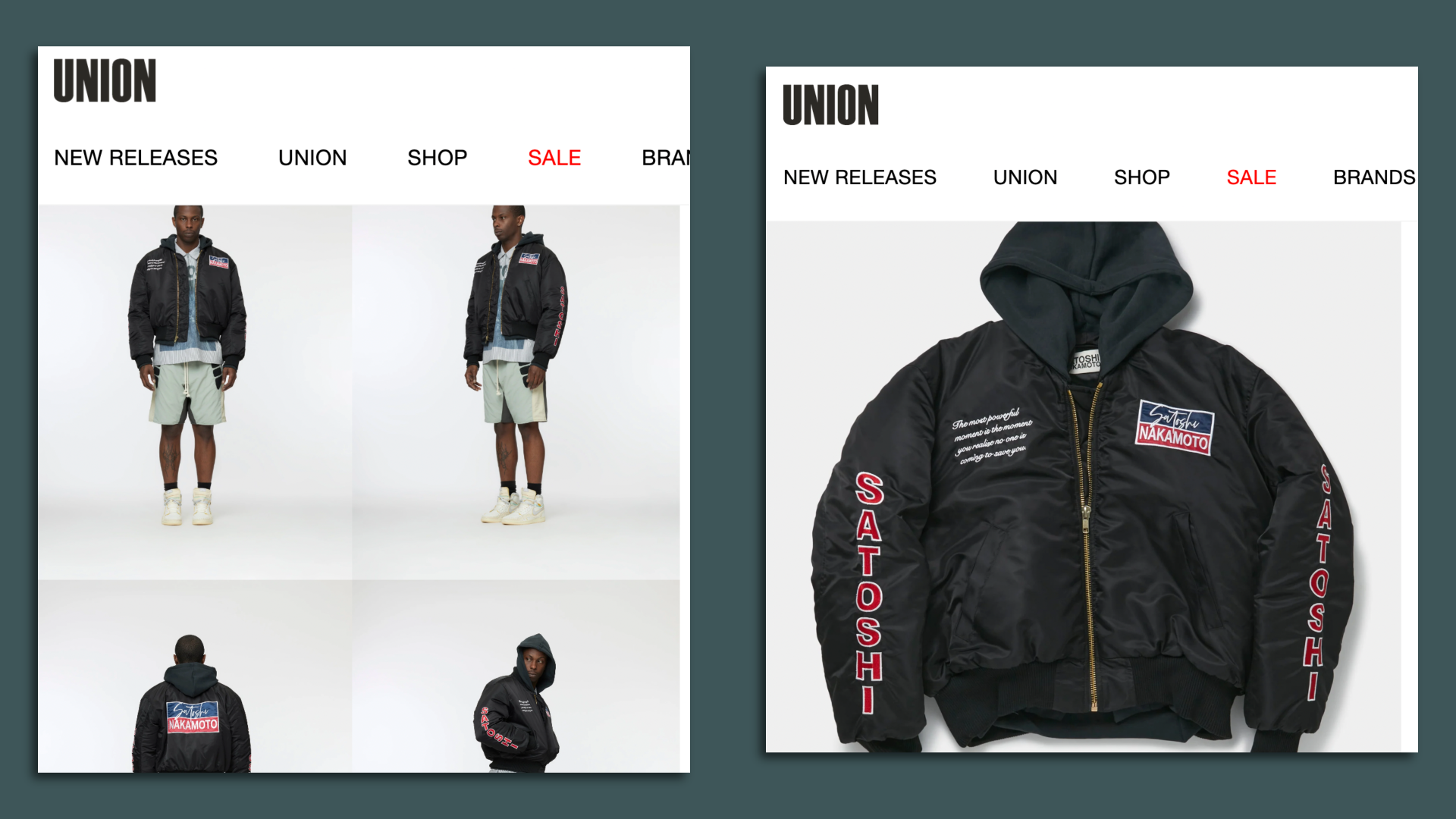 An image of a jacket shown on the fashion brand site that's selling it. The jacket says "Satoshi" on the sleeves, in large red letters. 