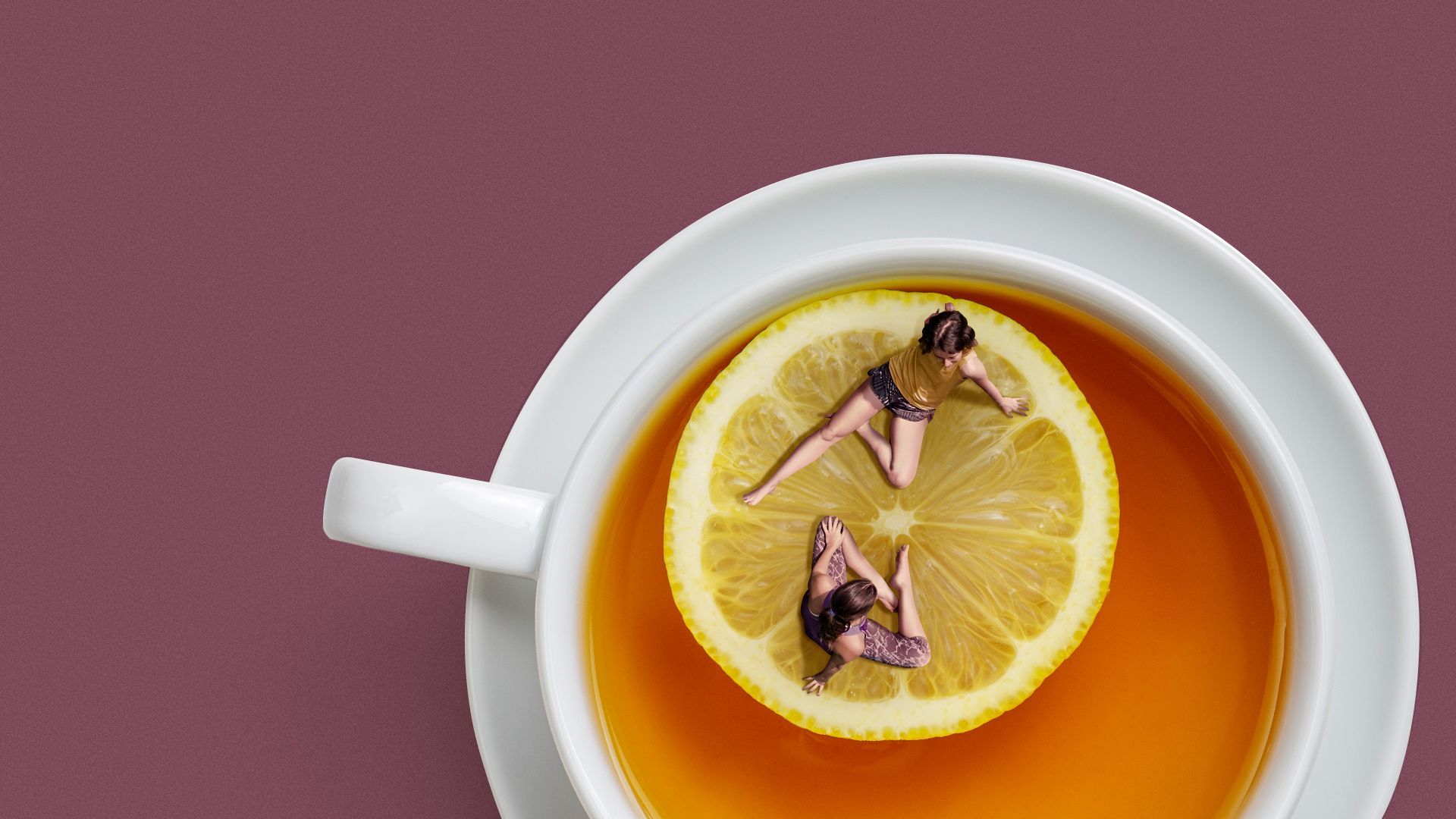 Illustration of a cup of tea with a slice of lemon in it. Two women are sitting and chatting on the lemon slice. 