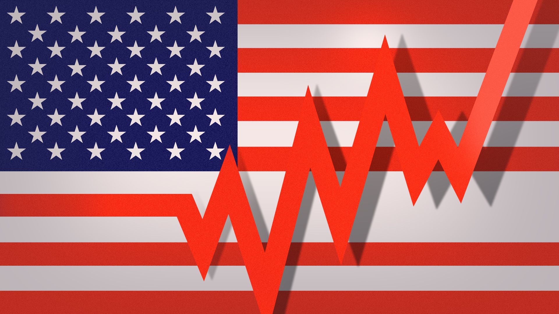 Illustration of the U.S. flag with one stripe moving upward like a chart trend line 