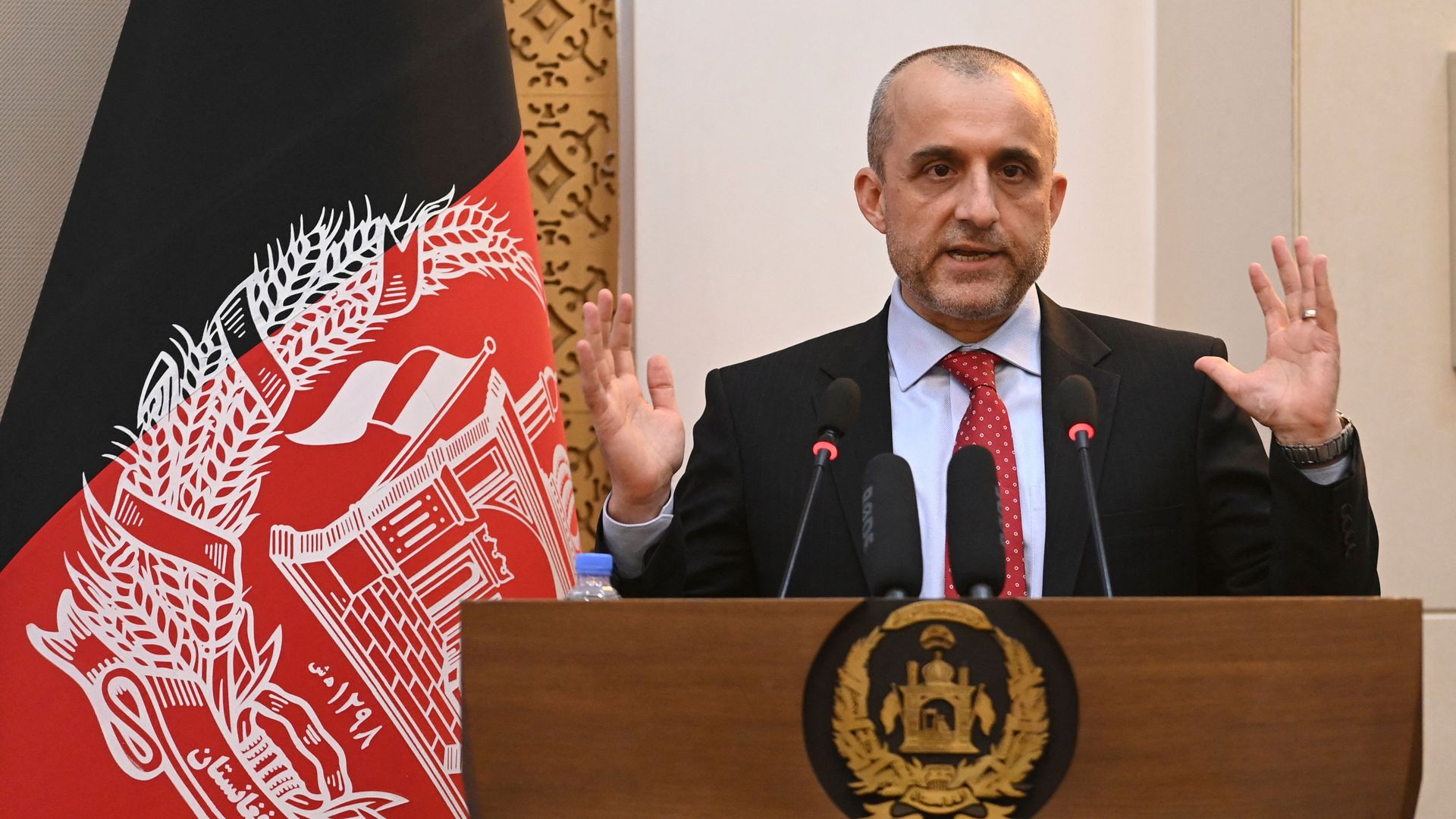 Vice President of Afghanistan Amrullah Saleh speaks during a function at the Afghan presidential palace in Kabul on August 4