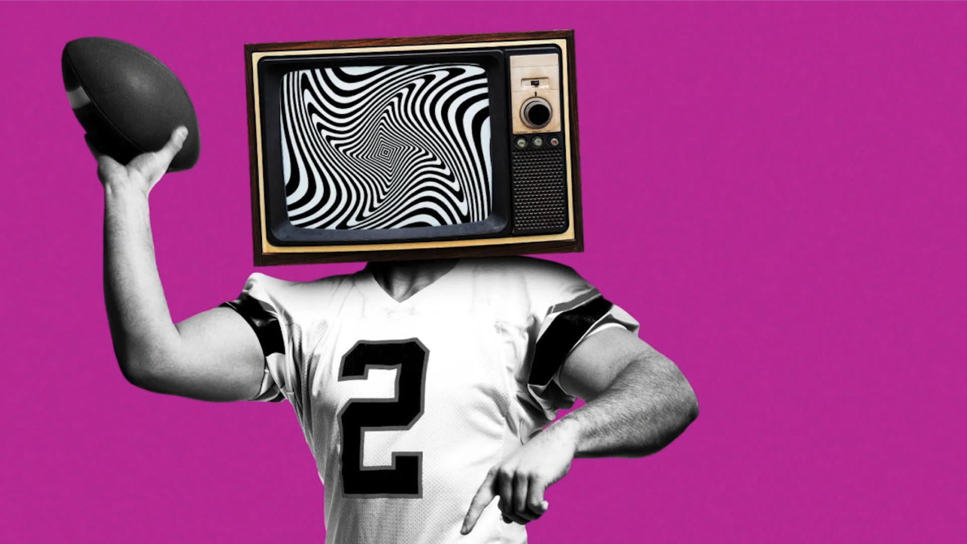Person in a white football jersey with number 2, holding a football, with a vintage TV for a head displaying black and white hypnotic swirls, set against a purple background.