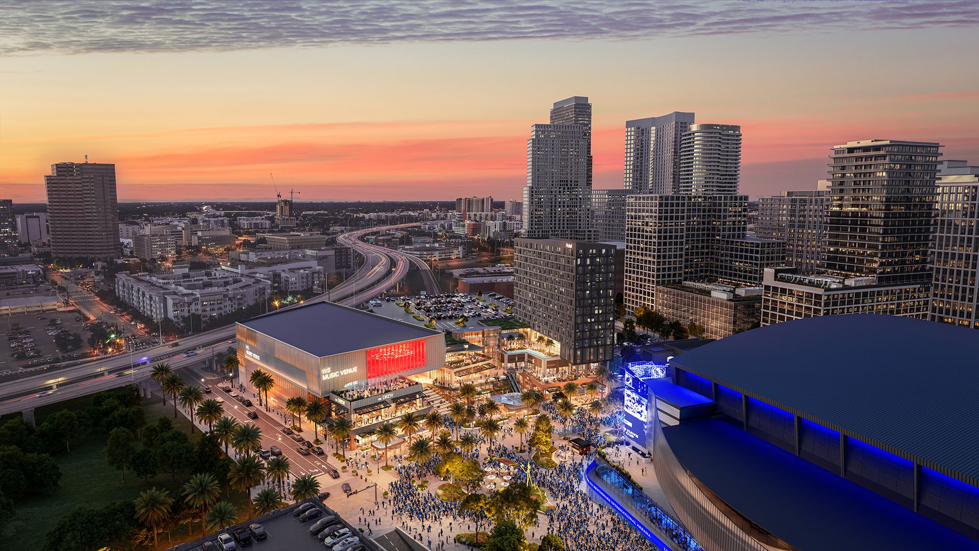 Aerial view of a vibrant cityscape at sunset featuring tall buildings, a crowd gathering near a blue-lit arena, a music venue with red lights, palm trees, and a highway winding through the city.