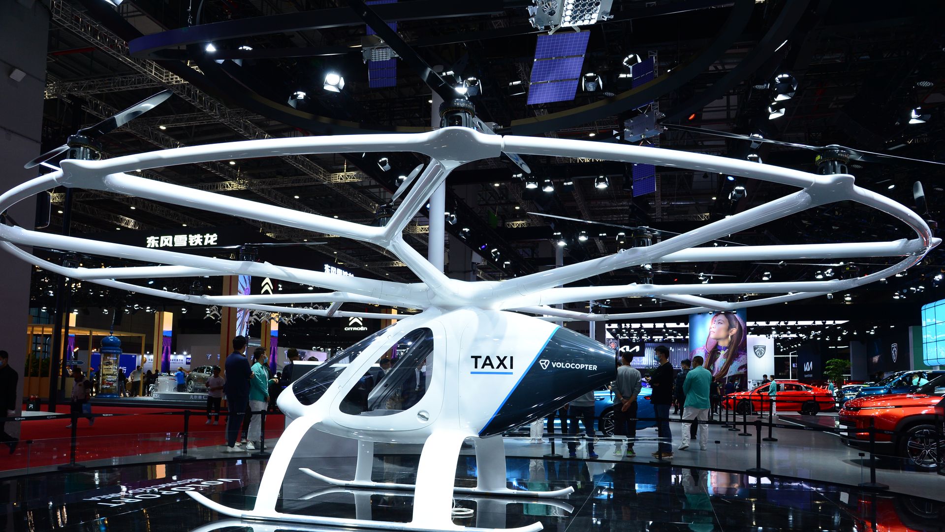   A Volocopter, an electrically powered drone taxi, on display in Shanghai, China, in April. 