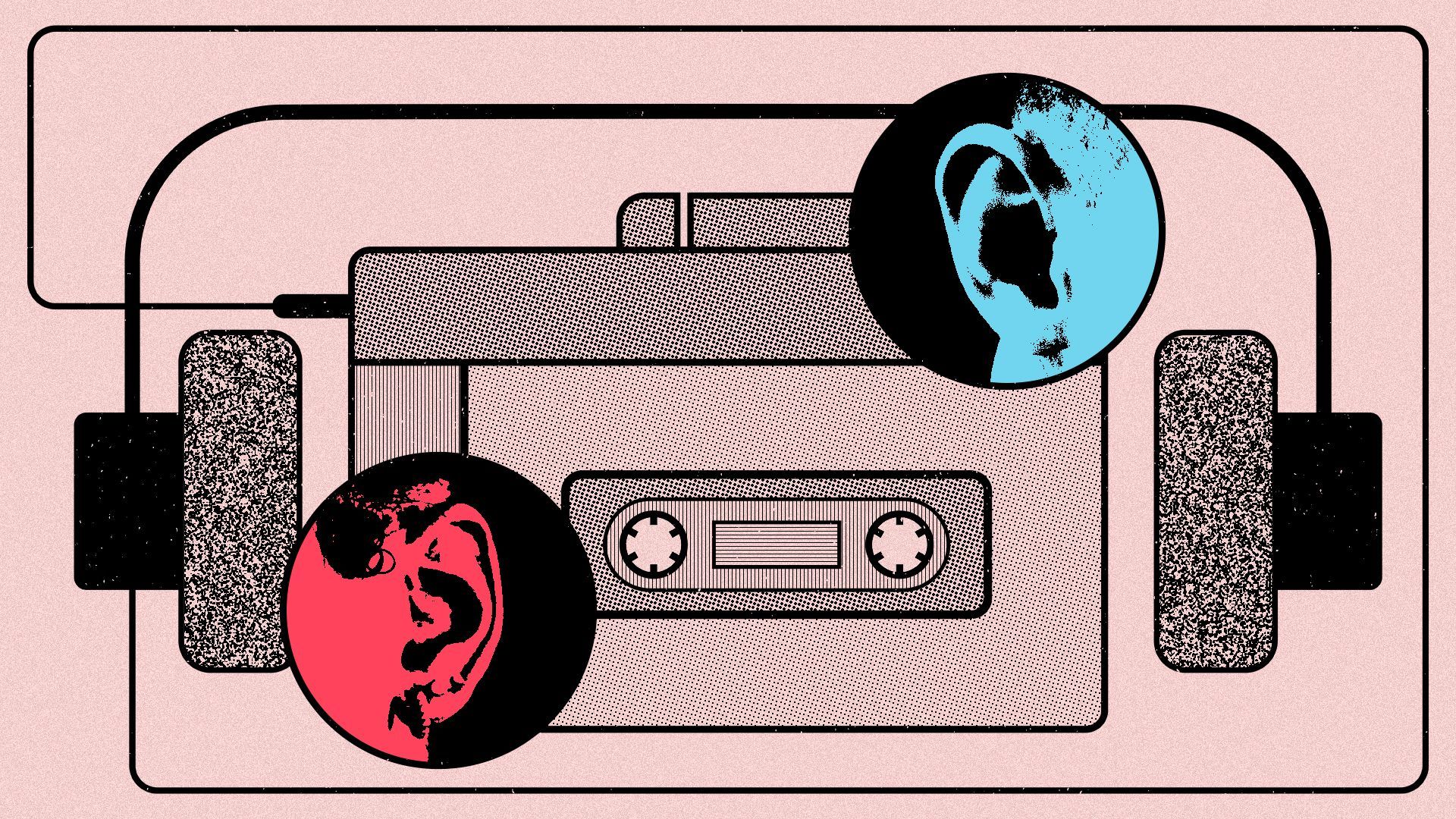 Illustration of a cassette tape player design resembling an early Hip-hop concert flyer with two people's ears over it.