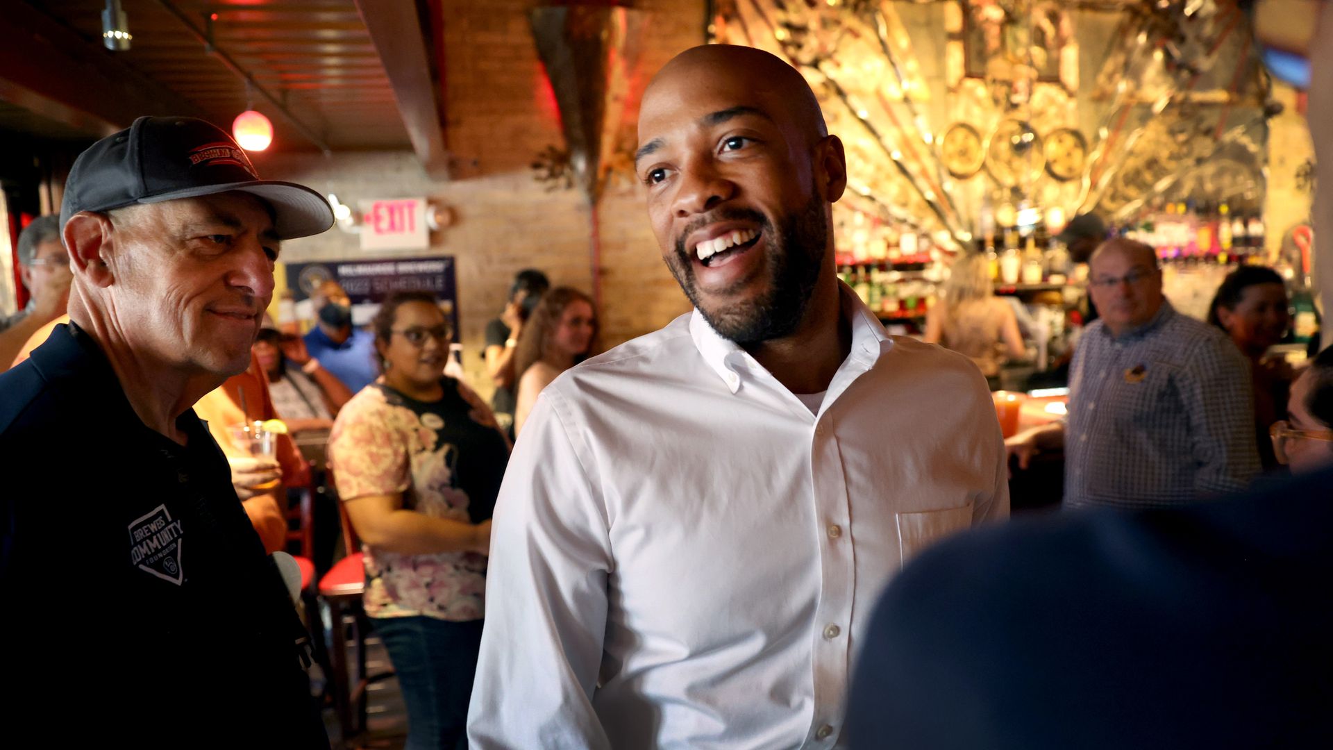 Wisconsin Lieutenant Governor Mandela Barnes who is running to become the Democratic nominee for the U.S. senate greets guests during a campaign event.