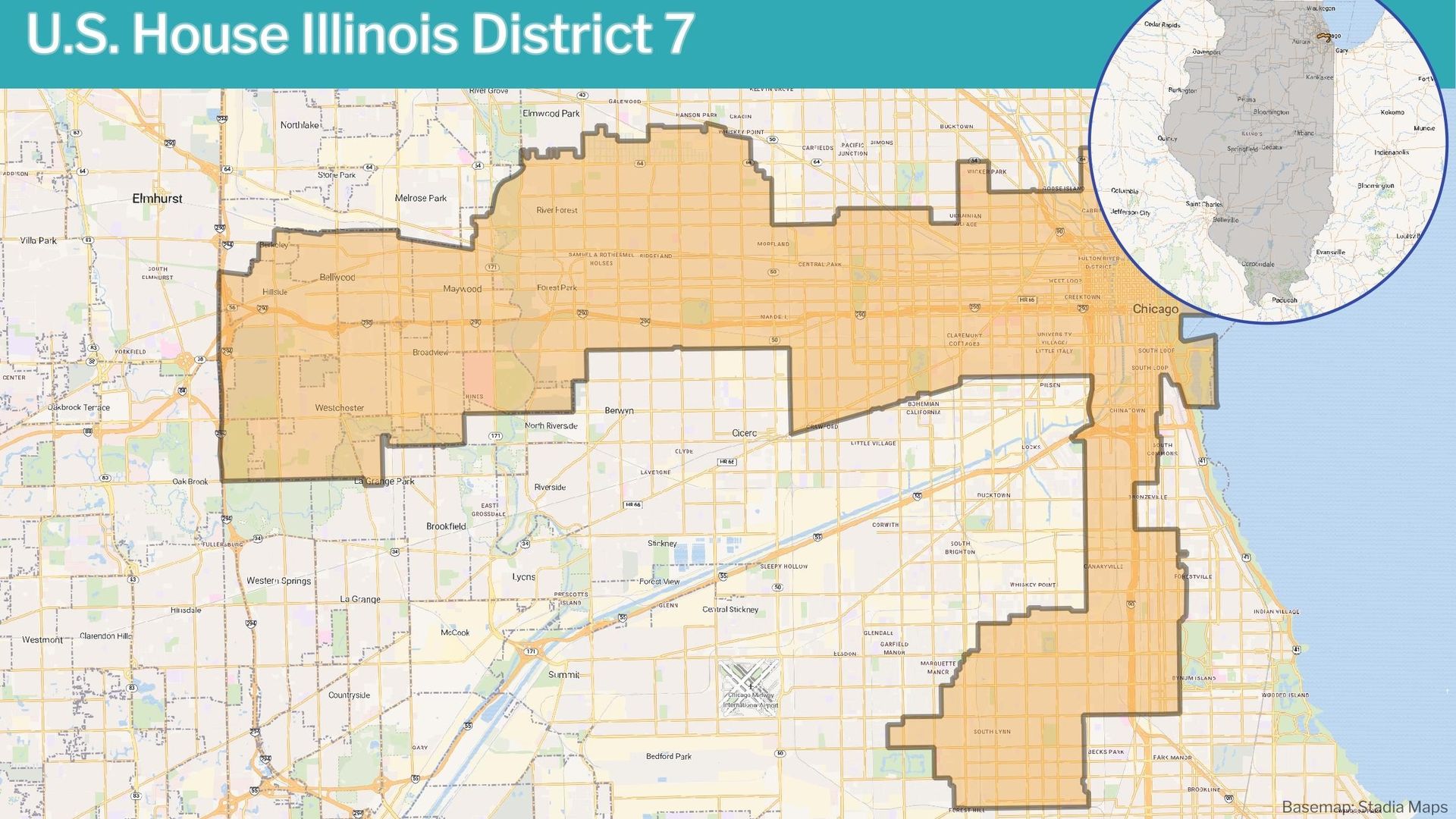 Map showing Illinois' 7th U.S. House District in orange, covering parts of Chicago and nearby suburbs. Inset map highlights the district's location within the state of Illinois.