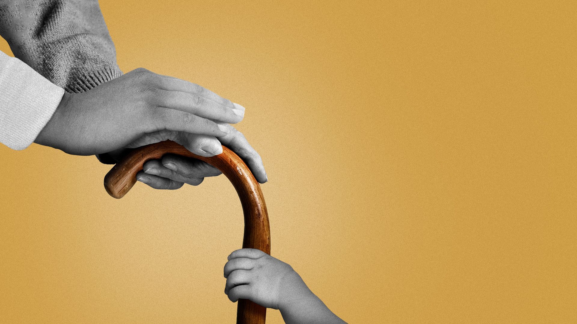 Illustration of a young woman's hand, an elderly woman's hand and a child's hand on a cane.