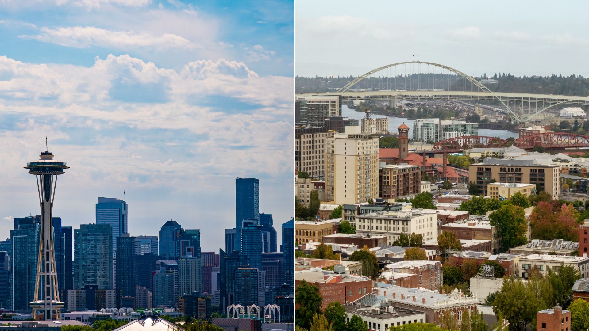 Split view of Seattle: left shows Space Needle over a downtown skyline with blue sky and clouds; right shows Portland, a riverfront city with a large arched bridge and red steel spans.