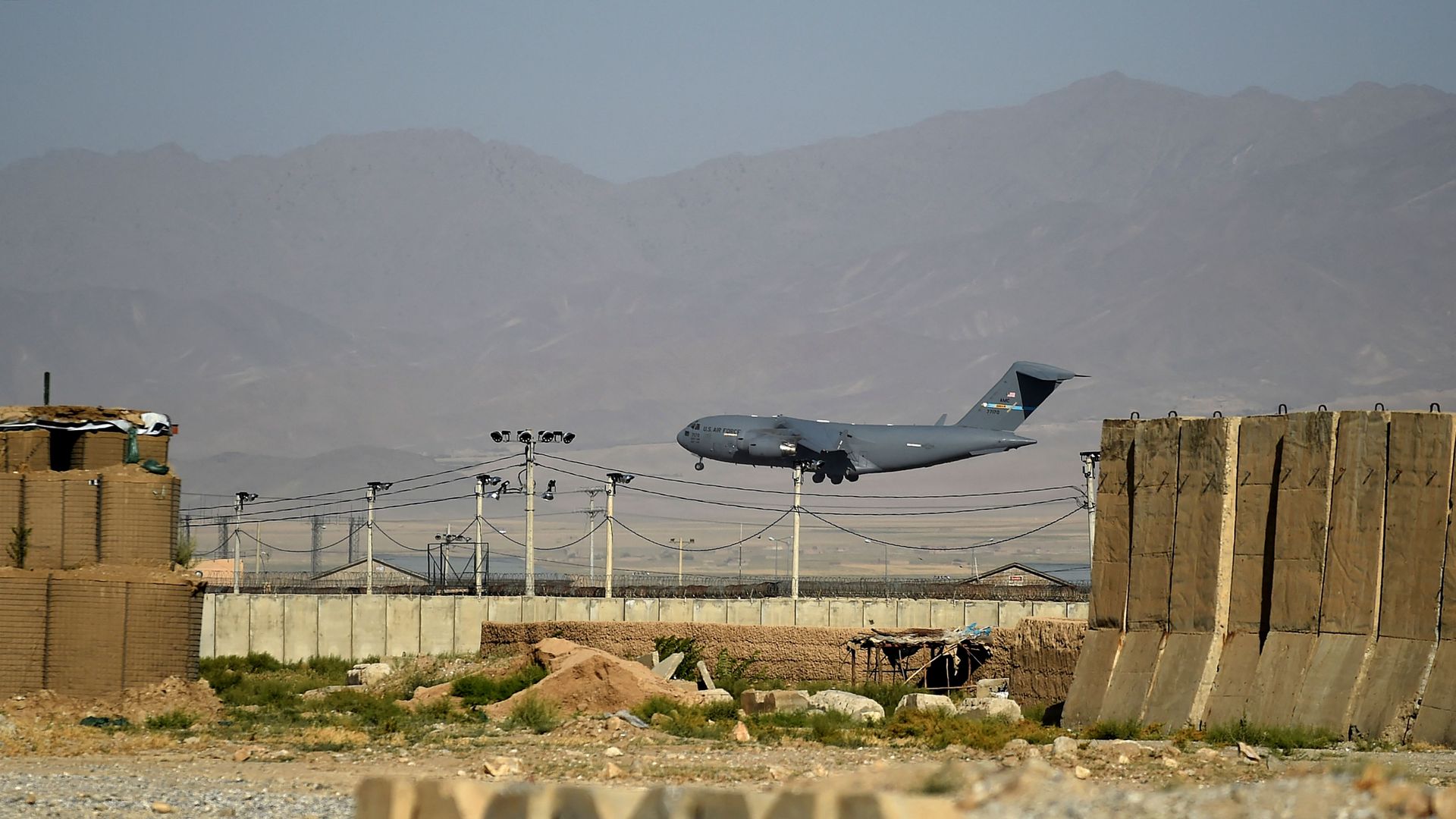 A US Air Force transport plane lands at the Bagram Air Base in Bagram on July 1, 2021. 