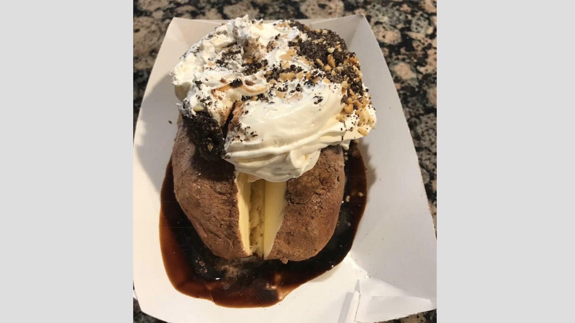 A baked potato-shaped Ice Cream Sundae