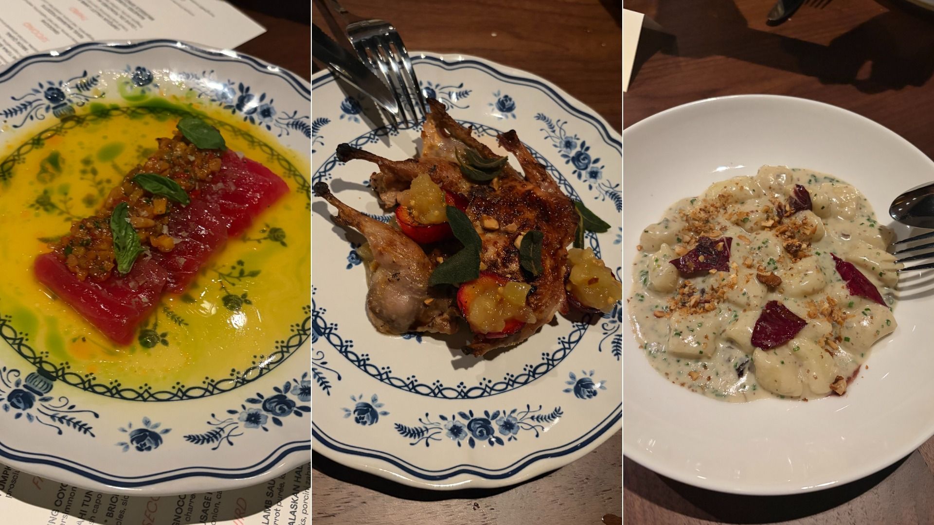 Triptych of three plates: left tuna loin on bright yellow sauce, topped with chopped nuts and mint; middle roasted chicken leg with fruit and greens on a blue floral plate; right creamy pasta with beets, herbs, and breadcrumbs.