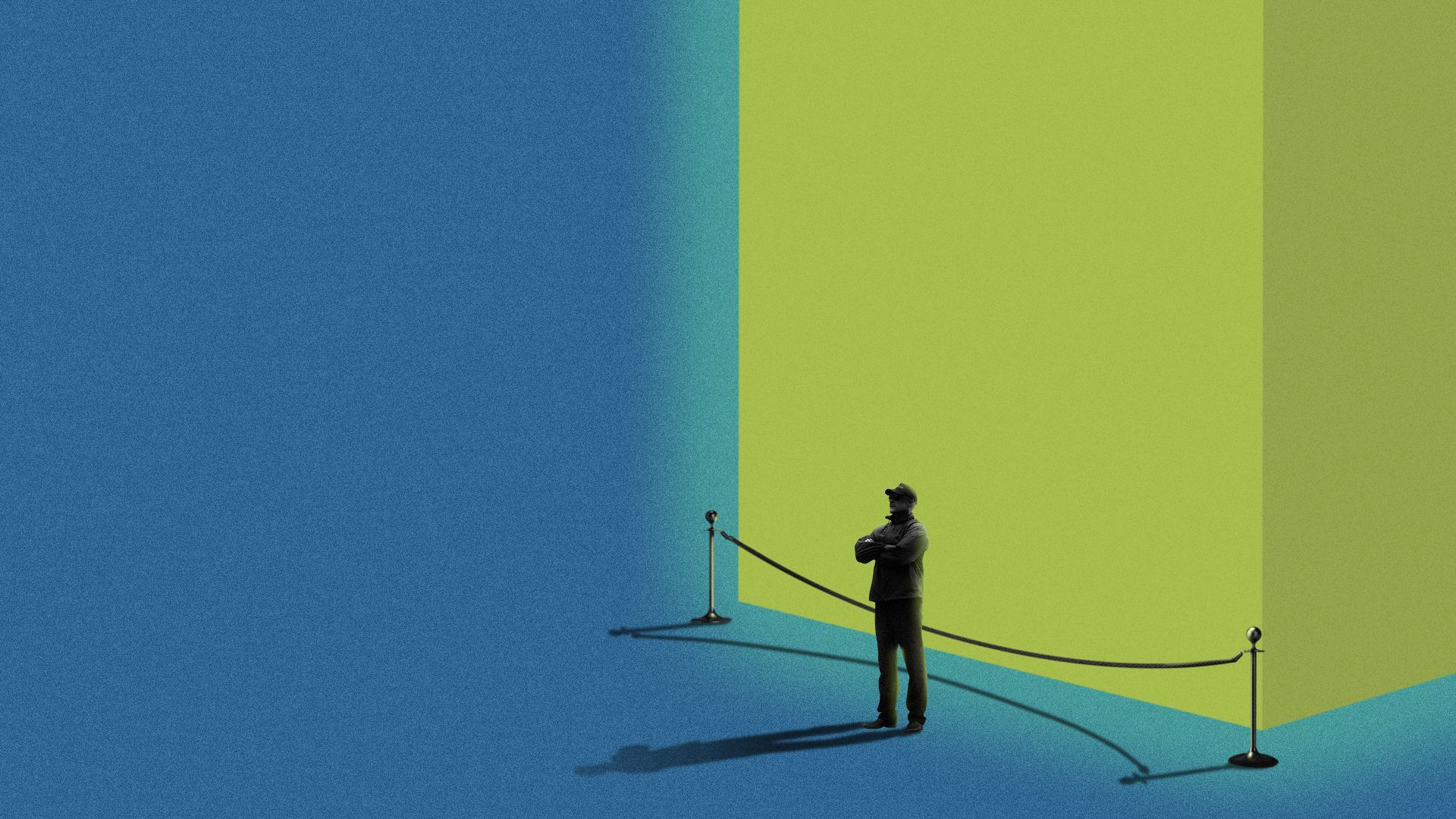 Illustration of a small bodyguard protecting a giant, glowing cube.