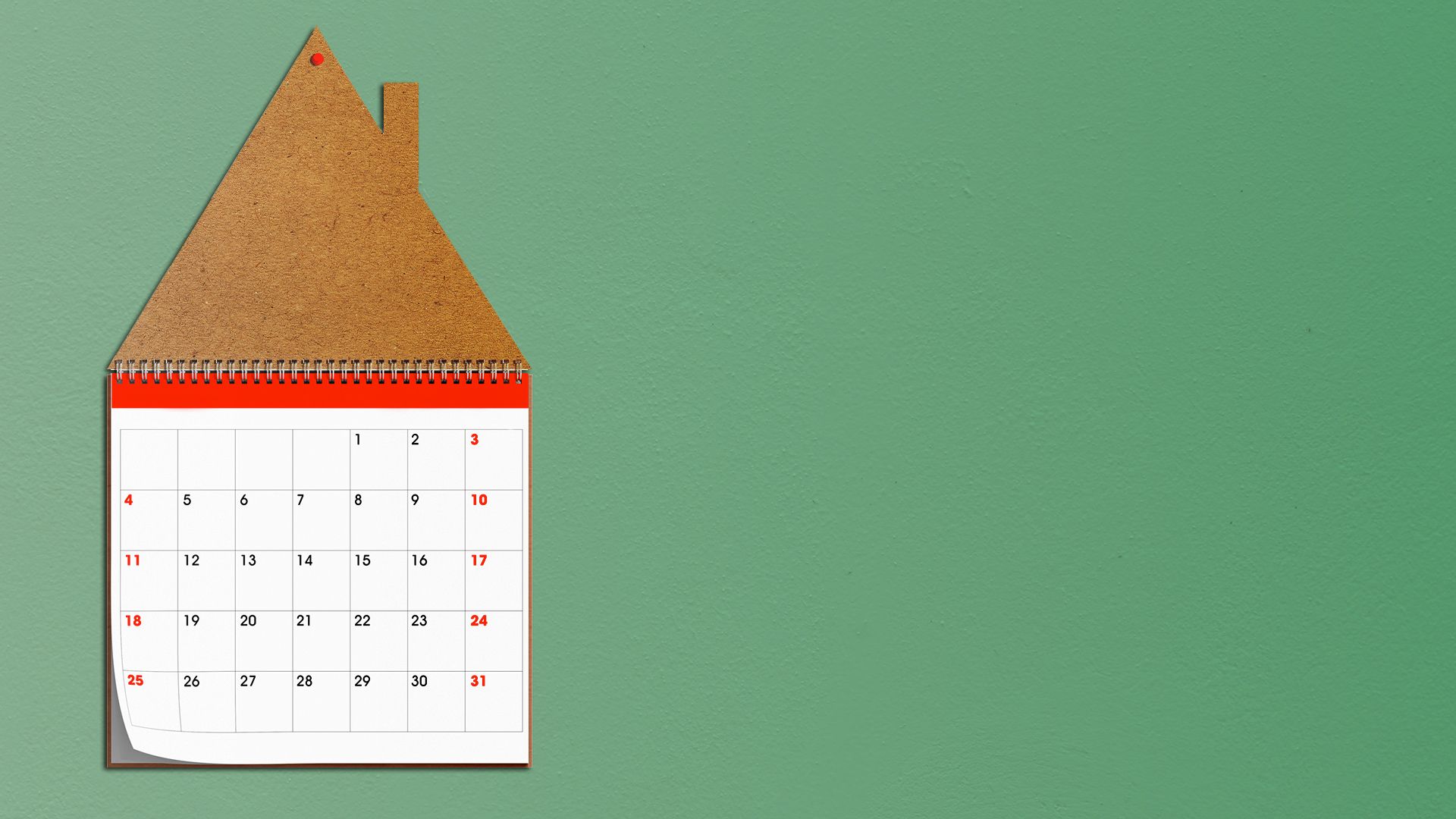 Illustration of a flip calendar shaped like a house hanging on a wall.