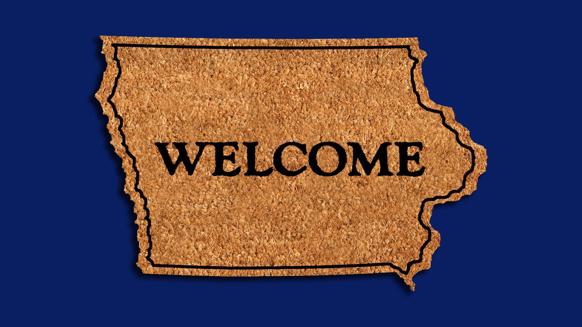 Illustration of a welcome mat in the shape of Iowa.