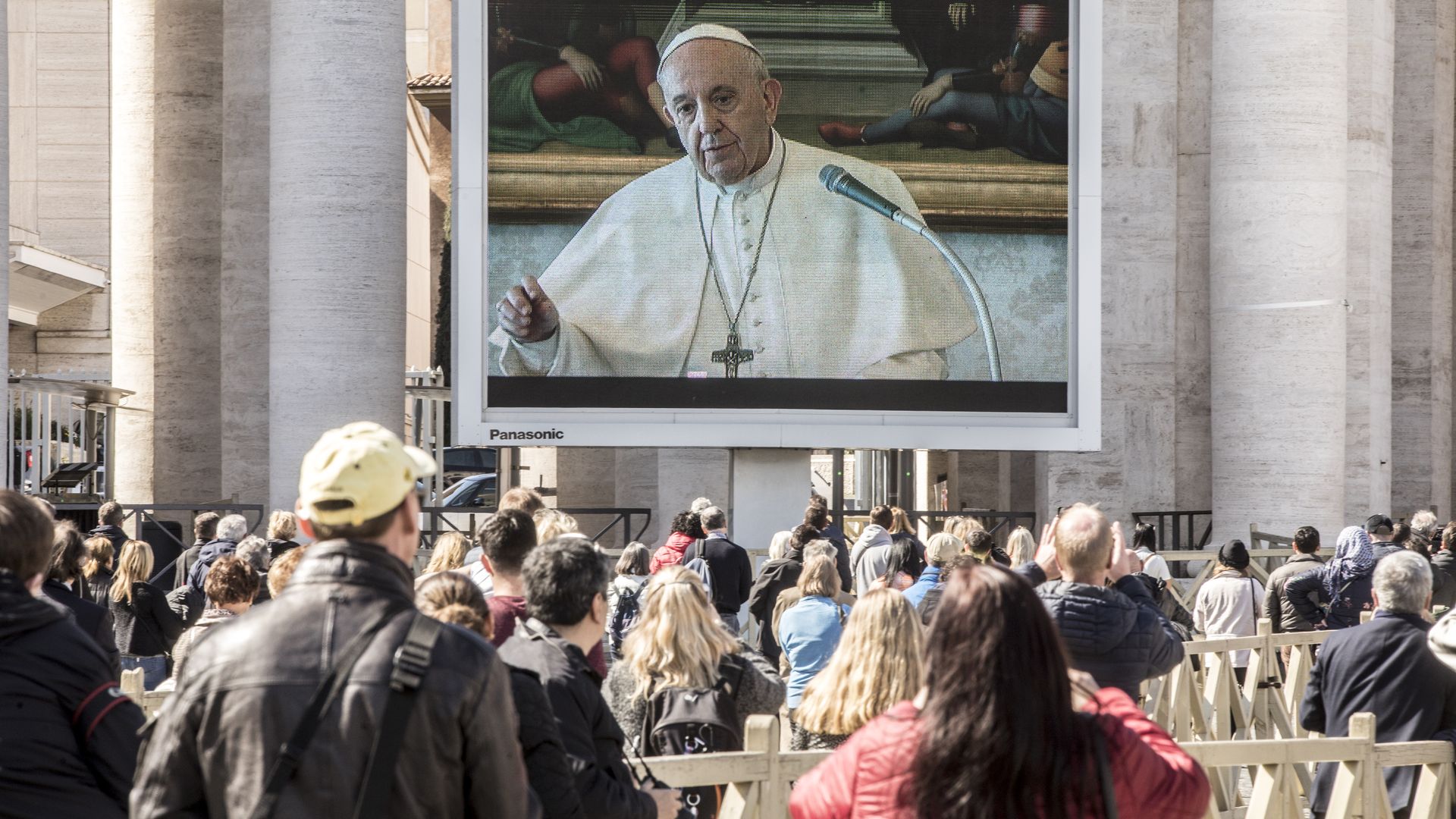 Pope Francis live-streaming his Sunday blessing to people in St. Peter's Square