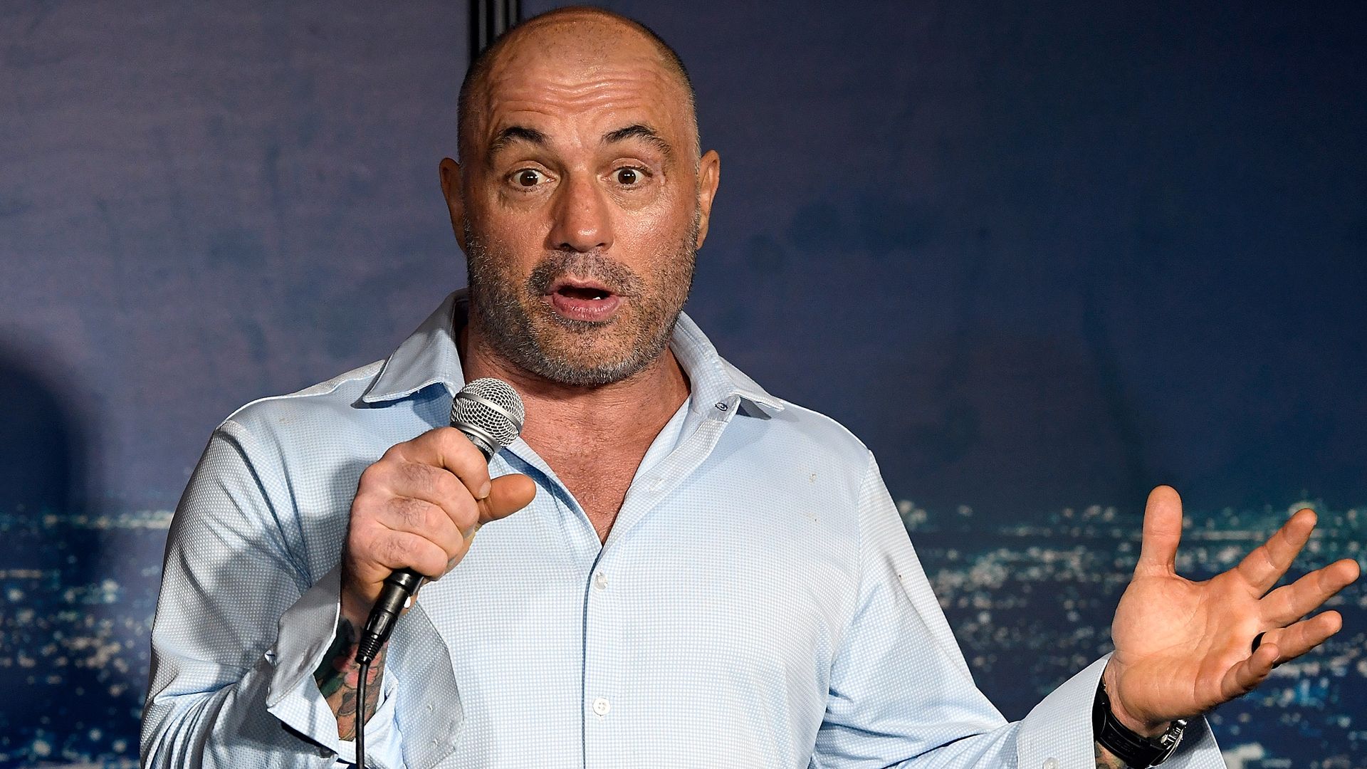 Photo of a man speaking into a microphone