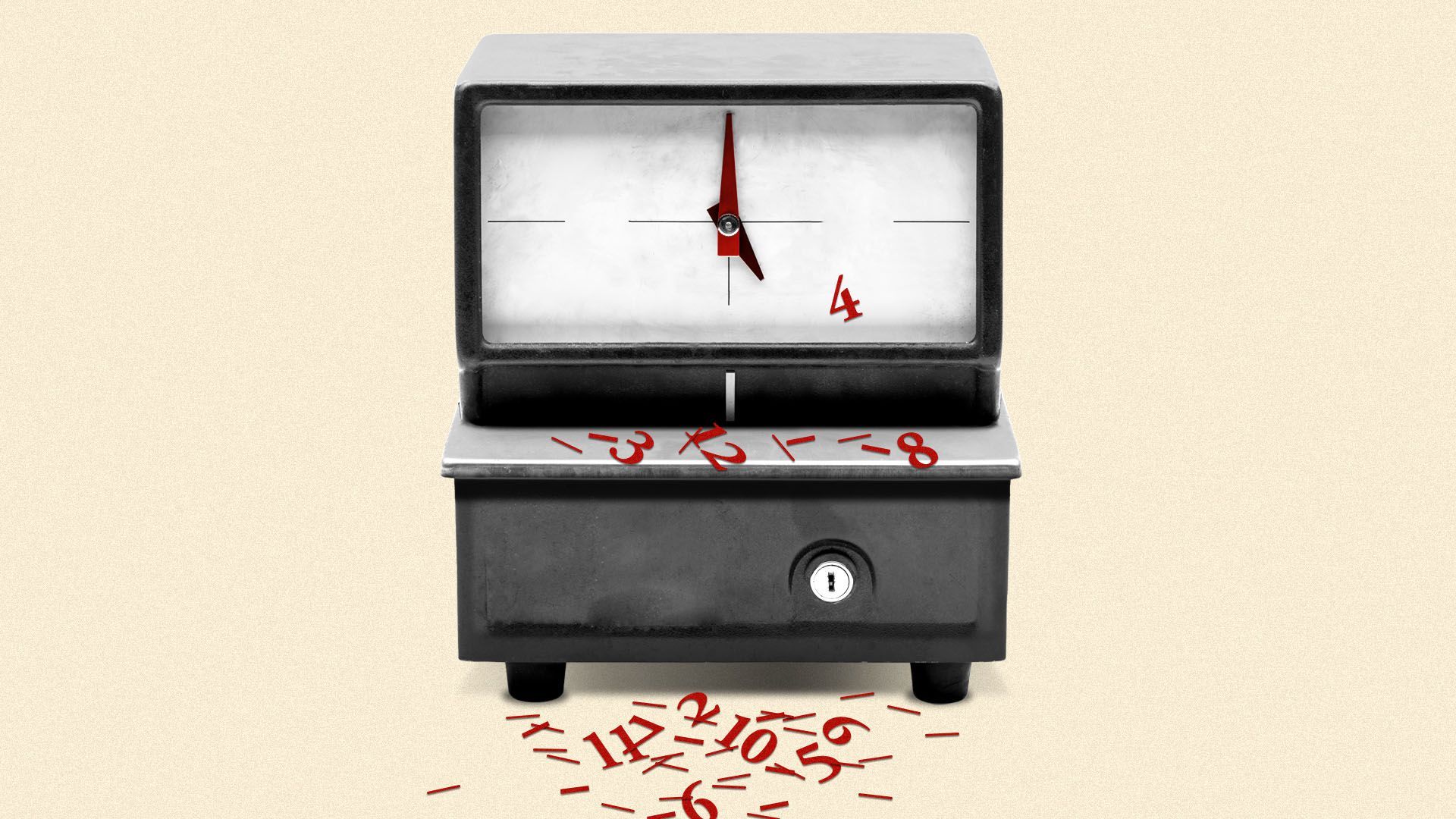 Illustration of a time clock with the numbers and line elements fallen off